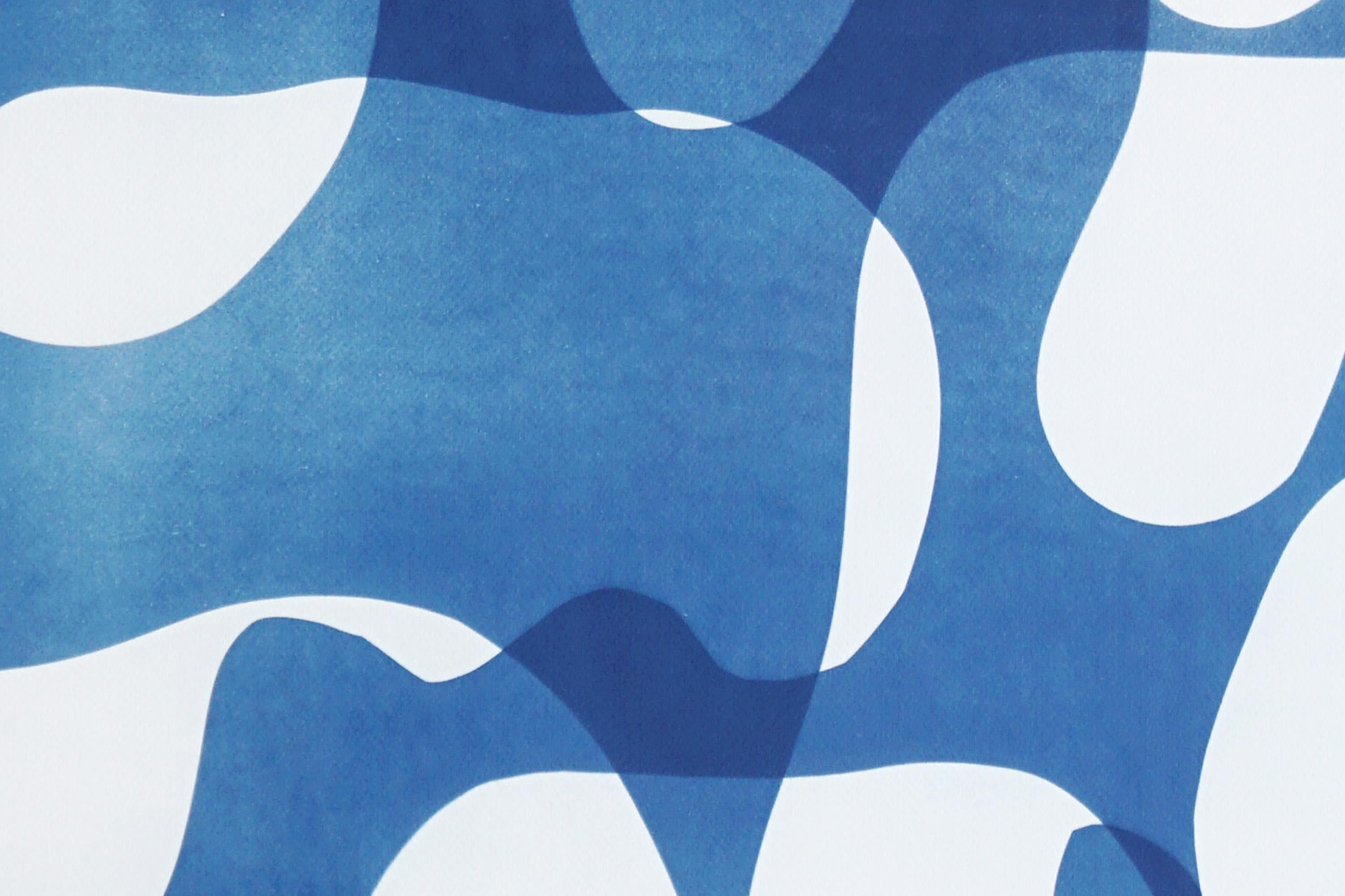 Curvas que se funden, tonos azules Cianotipo monotipo sobre papel, pieza abstracta única en venta 2