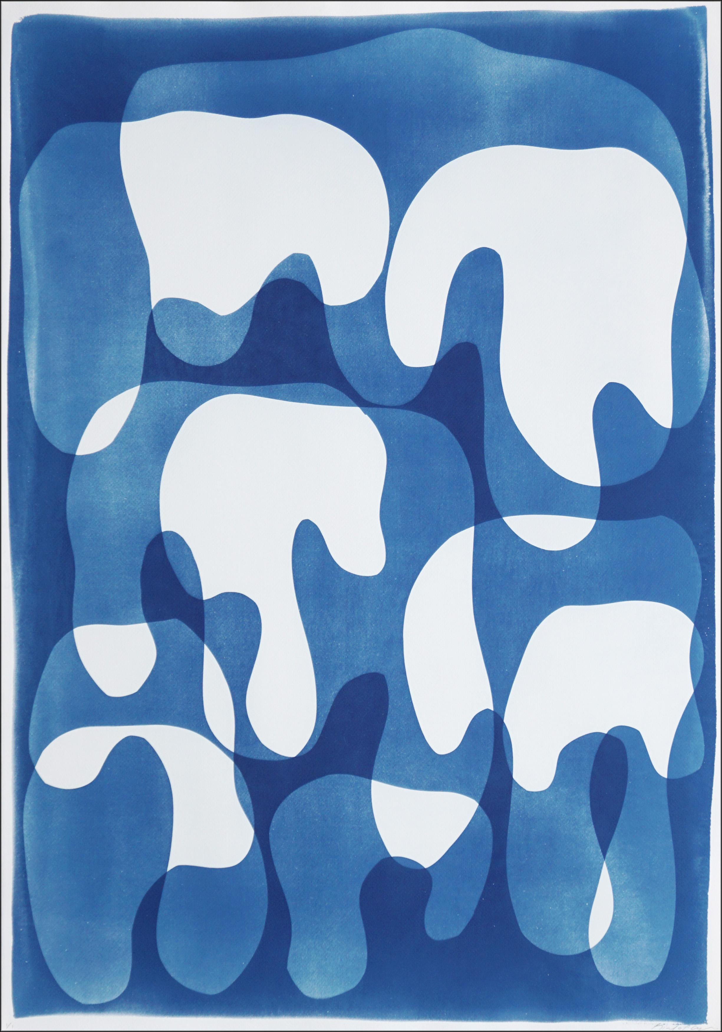 Melting Curves II, monotipo cianotipo su carta dai toni blu, pezzo unico astratto