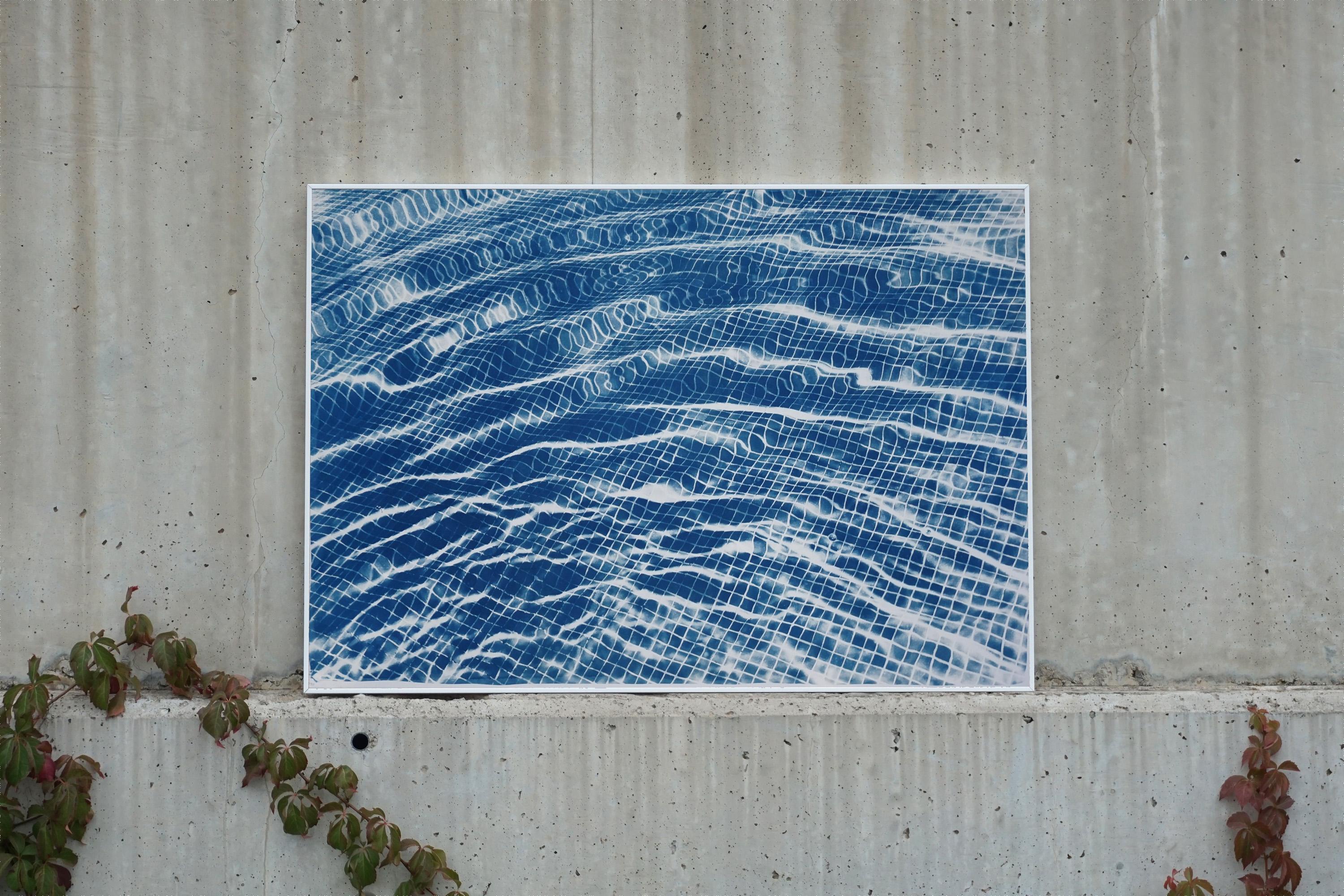 Pool Miami Art Déco, cyanotype bleu sur papier, formes abstraites, reflets d'eau  en vente 1
