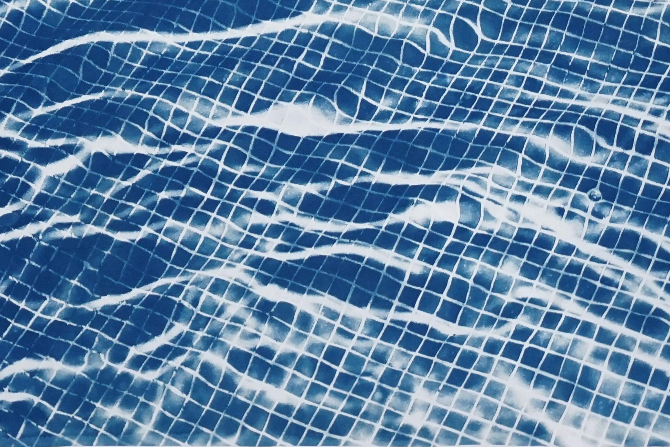 Pool Miami Art Déco, cyanotype bleu sur papier, formes abstraites, reflets d'eau  en vente 3