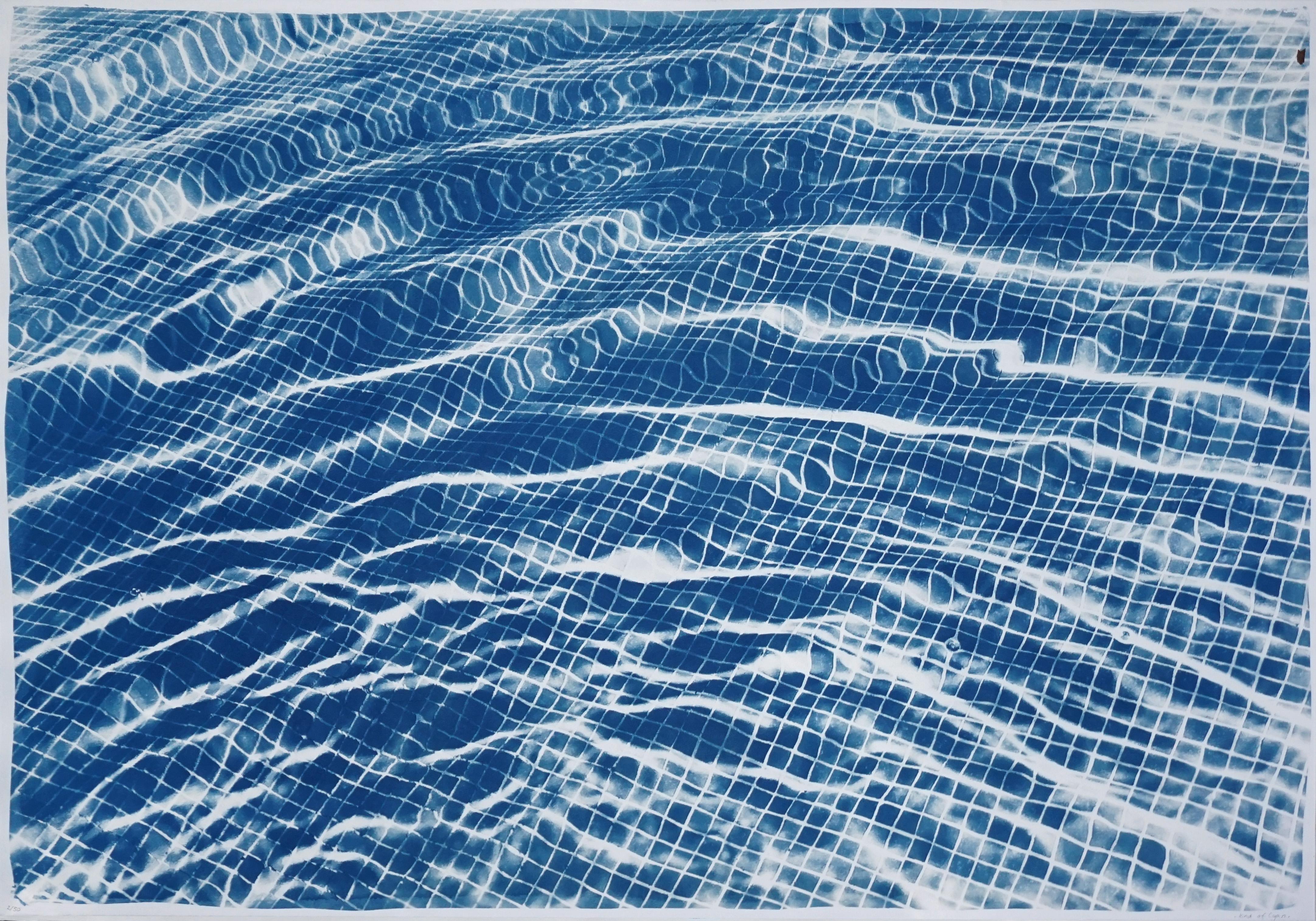 Miami Art Deco Pool, Blue Cyanotype on Paper, Abstract Shapes Water Reflections