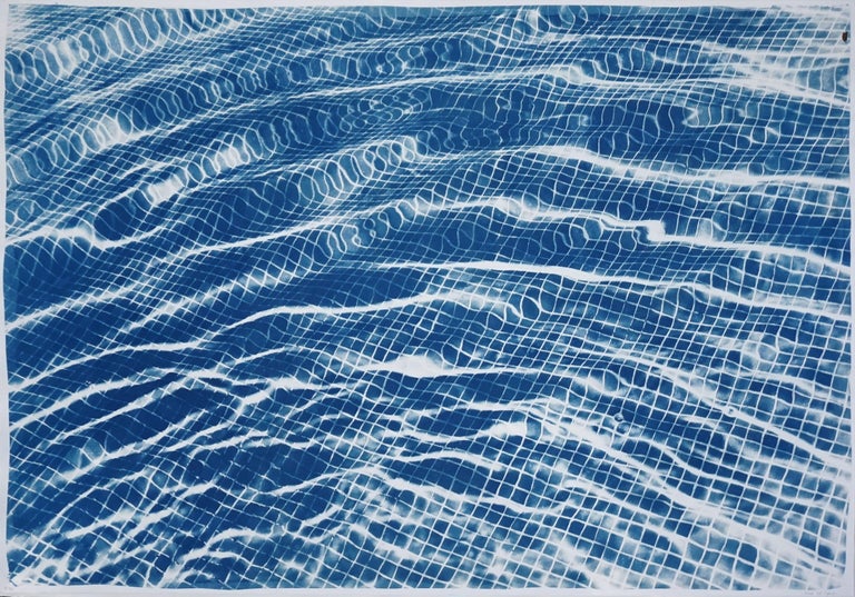 Kind of Cyan Abstract Print - Miami Art Deco Pool Cyanotype on Watercolor Paper, 100x70cm, Limited Edition 
