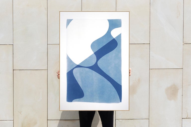 Mid-Century Composition of Retro Shapes, Minimal White and Blue Curves Monotype  - Photograph by Kind of Cyan