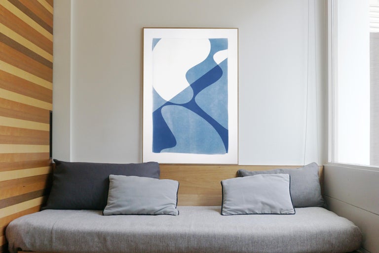 Mid-Century Composition of Retro Shapes, Minimal White and Blue Curves Monotype  - Modern Photograph by Kind of Cyan