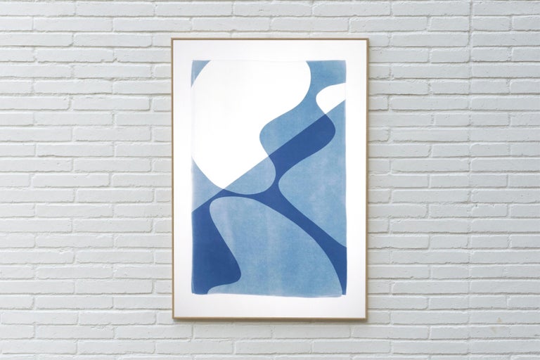 Mid-Century Composition of Retro Shapes, Minimal White and Blue Curves Monotype  For Sale 2