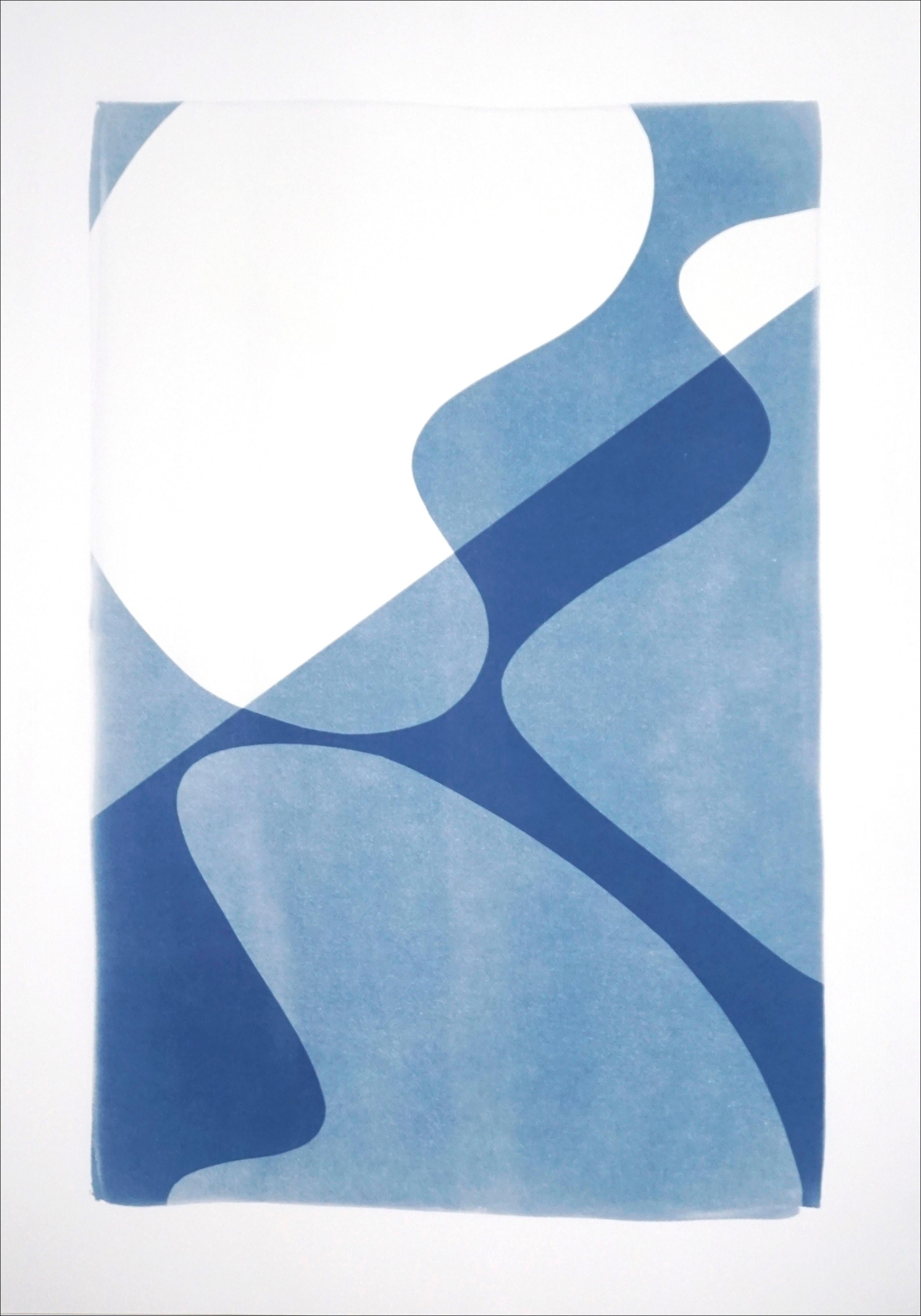Mid-Century Composition of Retro Shapes, Minimal White and Blue Curves Monotype 