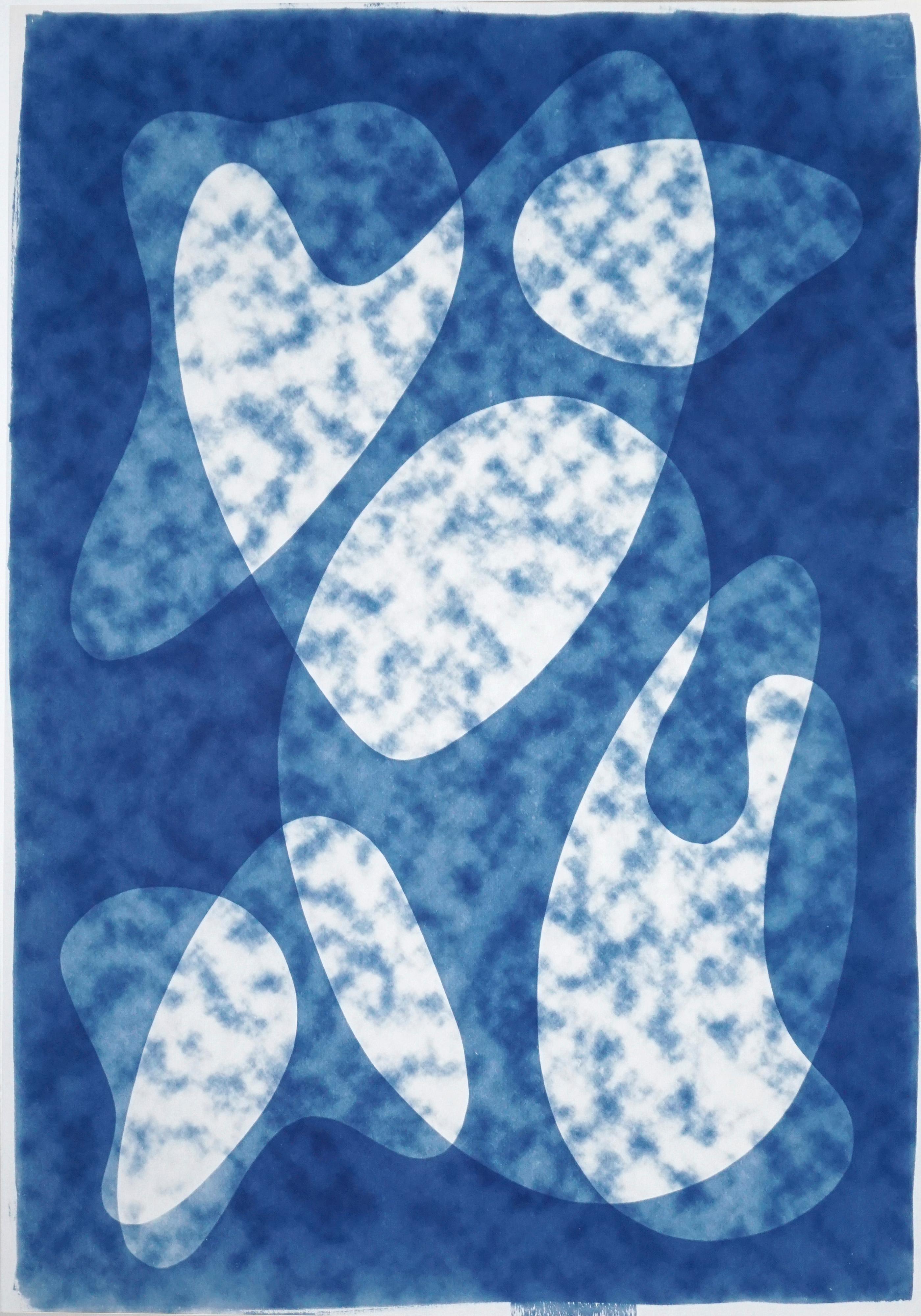 Mid-Century Cyanotype of Dark Cloudy Shapes, Abstract Unique Print in Blue Tones
