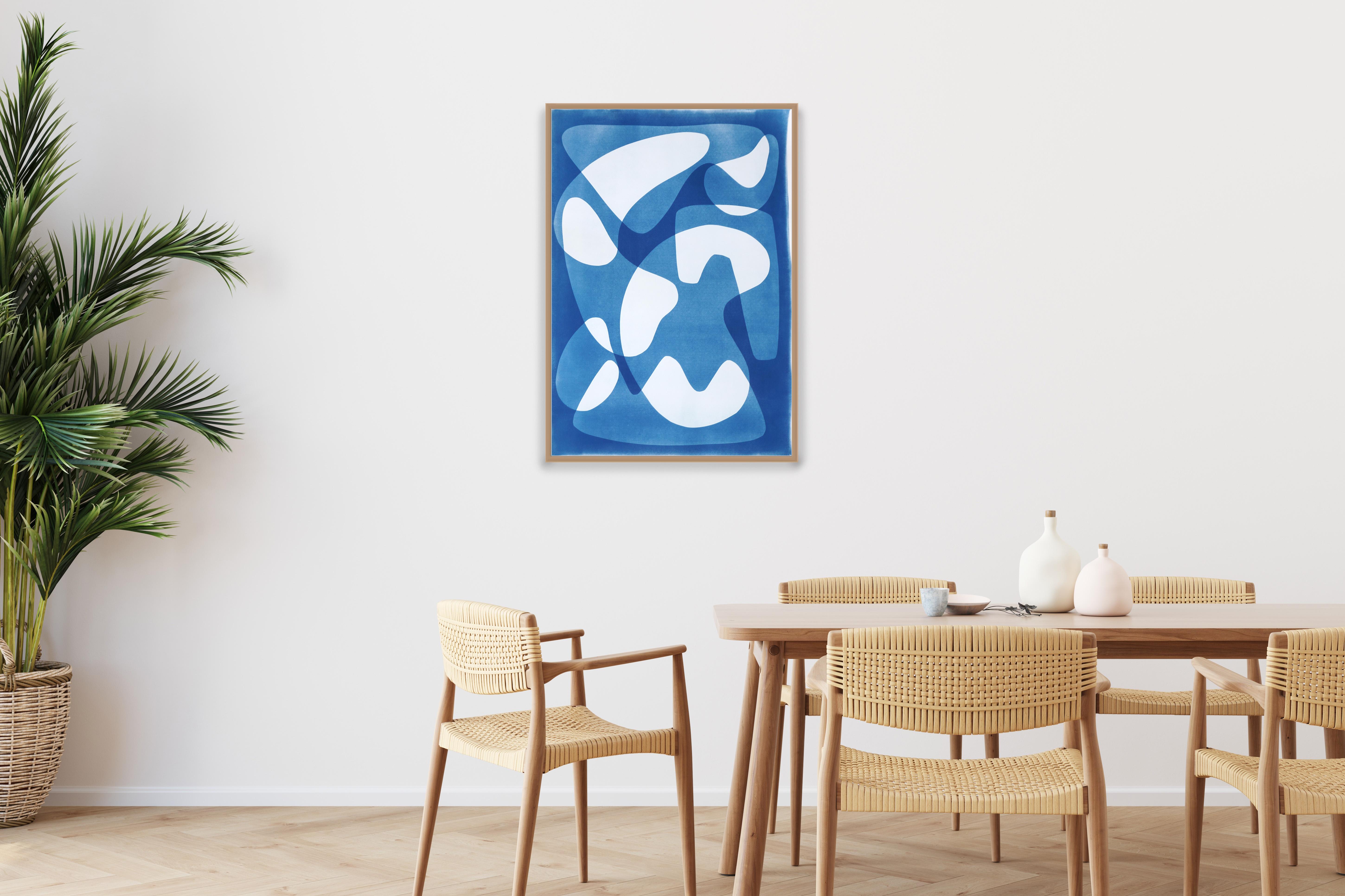 Mid-Century Modern Shapes in White and Blue, Handmade Cyanotype, Unique Monotype - Print by Kind of Cyan