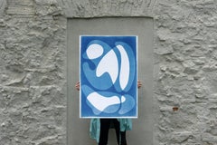 Mid-Century Modern Shapes in White and Blue, Handmade Cyanotype, Unique Monotype