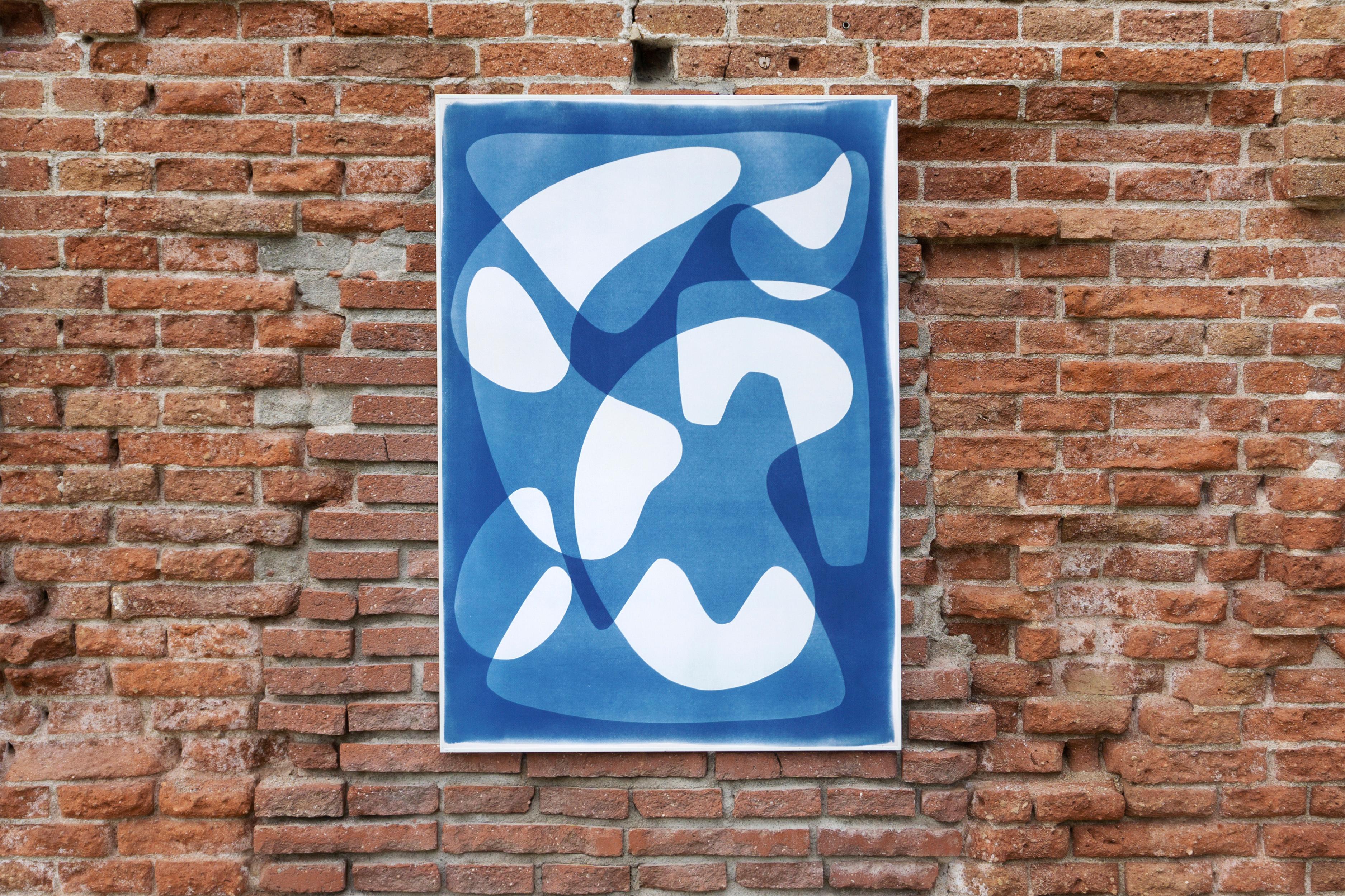 Mid-Century Modern Shapes in White and Blue, Handmade Cyanotype, Unique Monotype For Sale 1