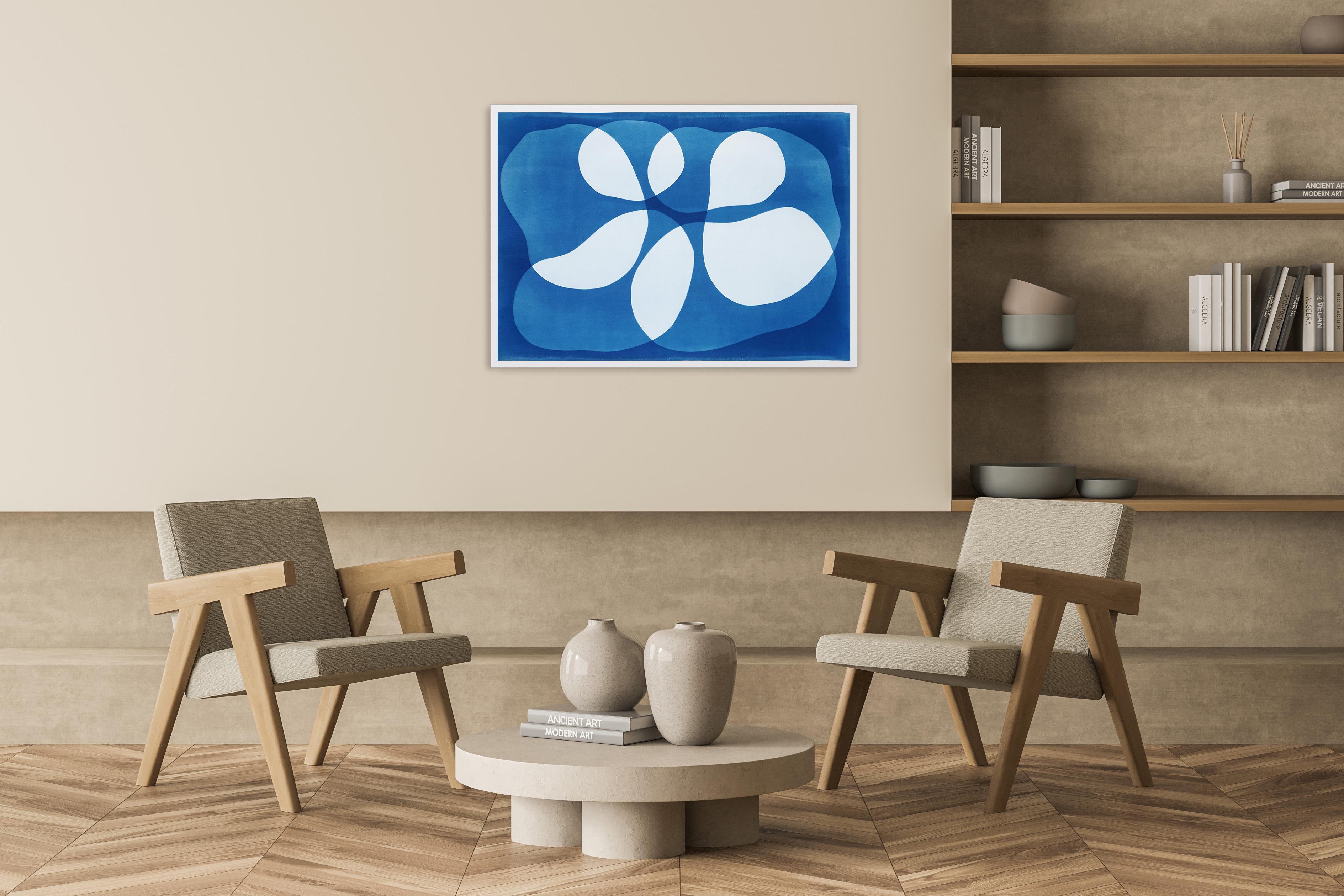 Forme moderne di metà secolo in bianco e blu, cianotipo fatto a mano, monotipo unico 1