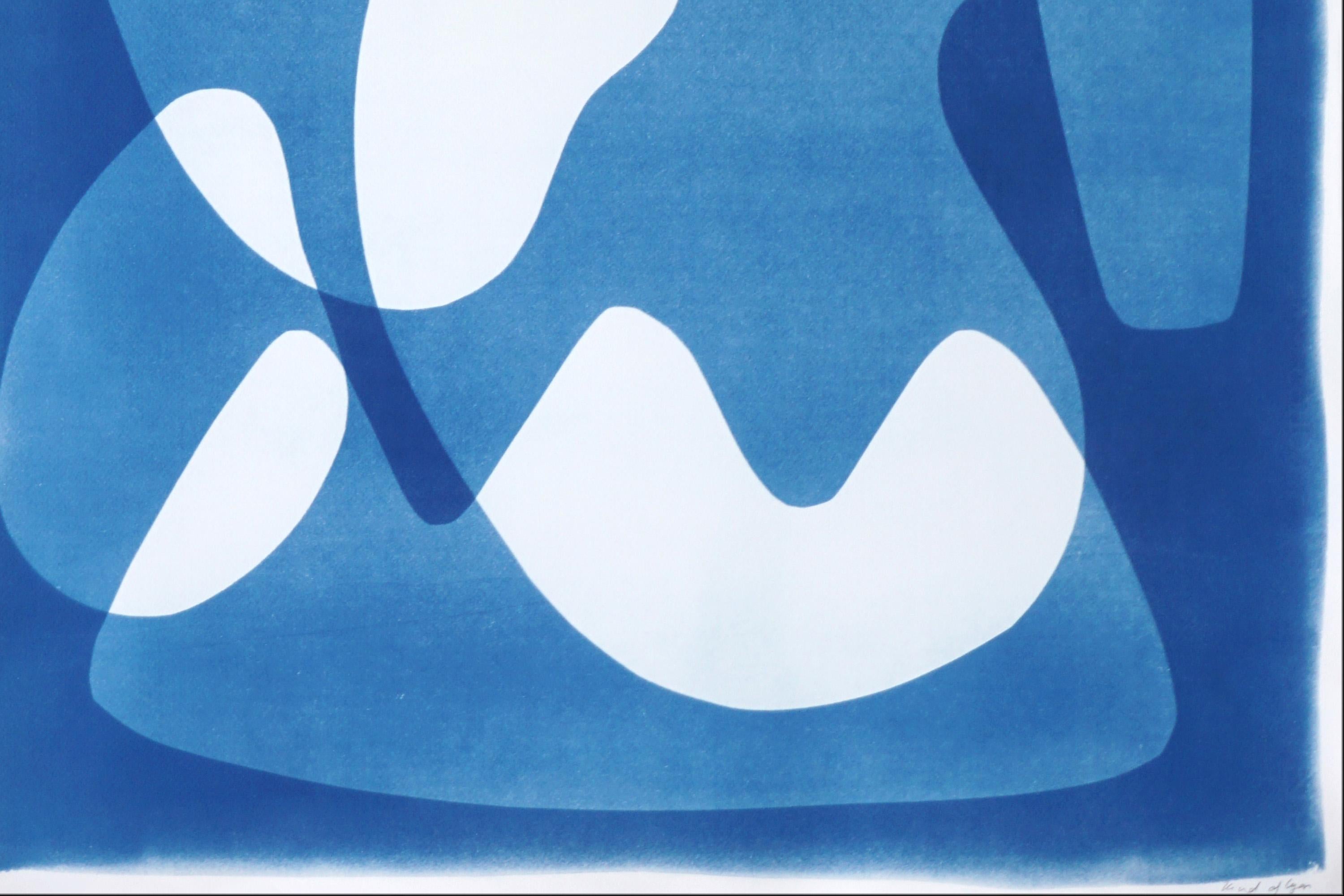 Mid-Century Modern Shapes in White and Blue, Handmade Cyanotype, Unique Monotype For Sale 4