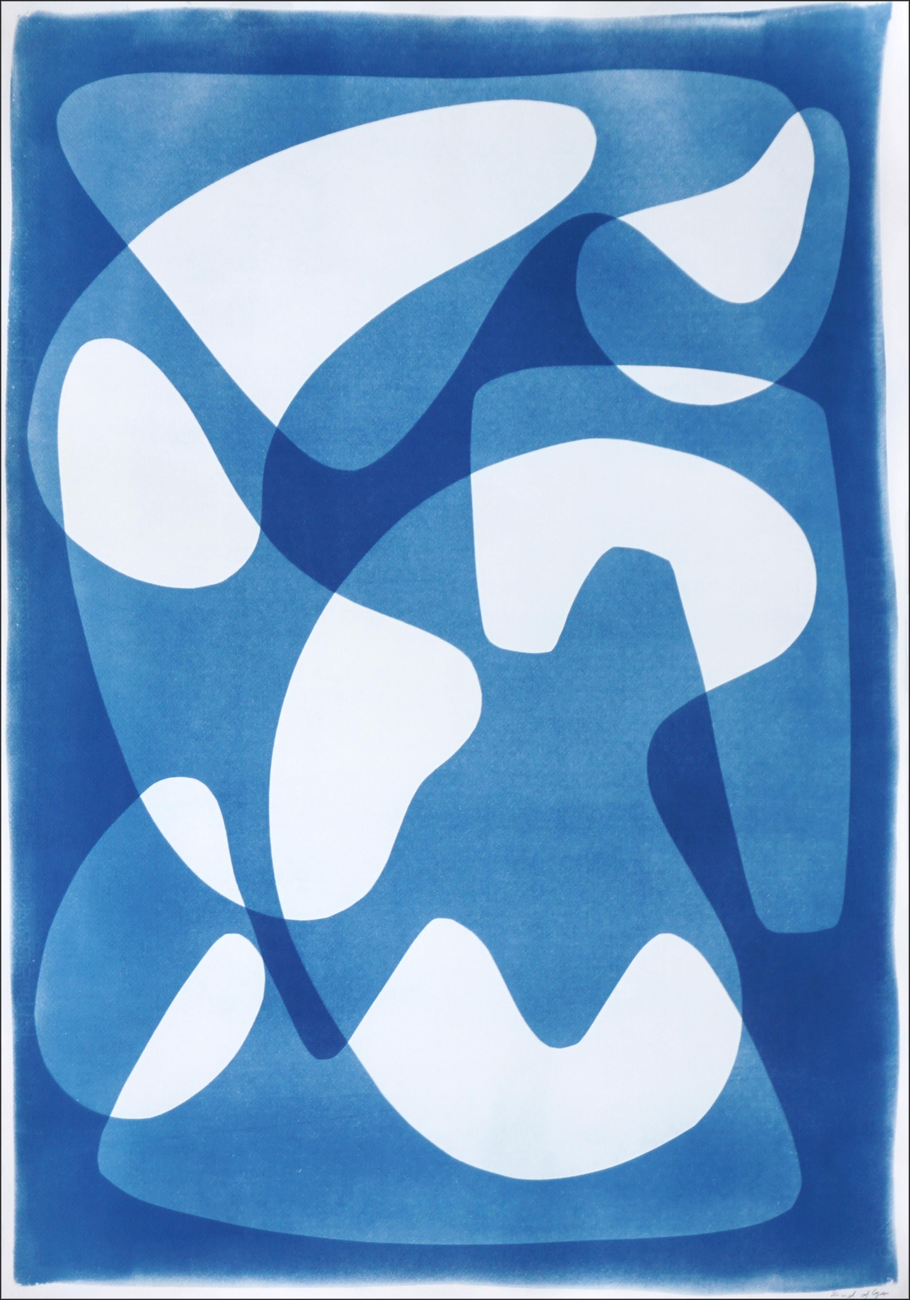 Kind of Cyan Abstract Print - Mid-Century Modern Shapes in White and Blue, Handmade Cyanotype, Unique Monotype