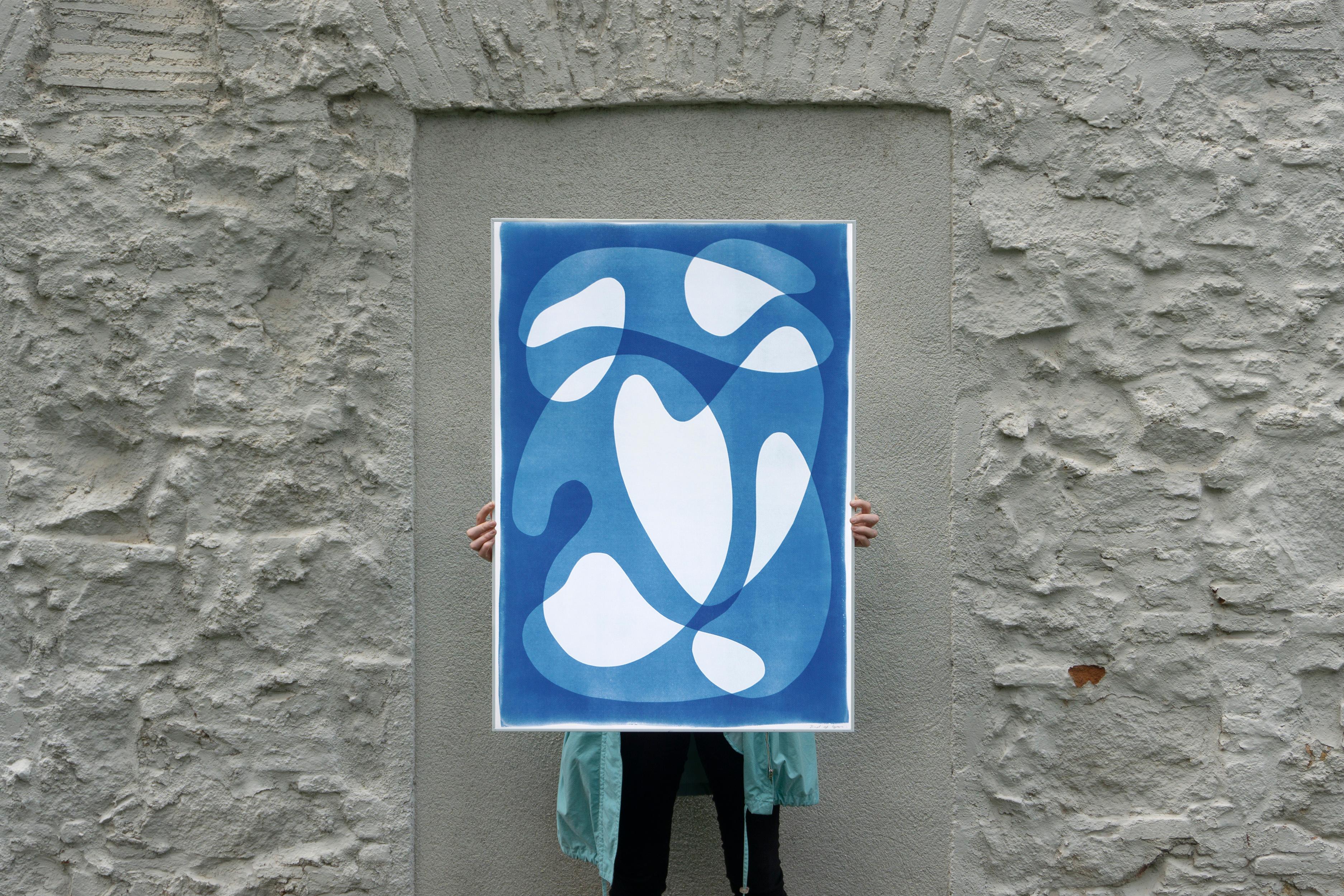Mid-Century Shapes IV, White and Blue Abstract Floating Shapes, Unique Cyanotype - Print by Kind of Cyan