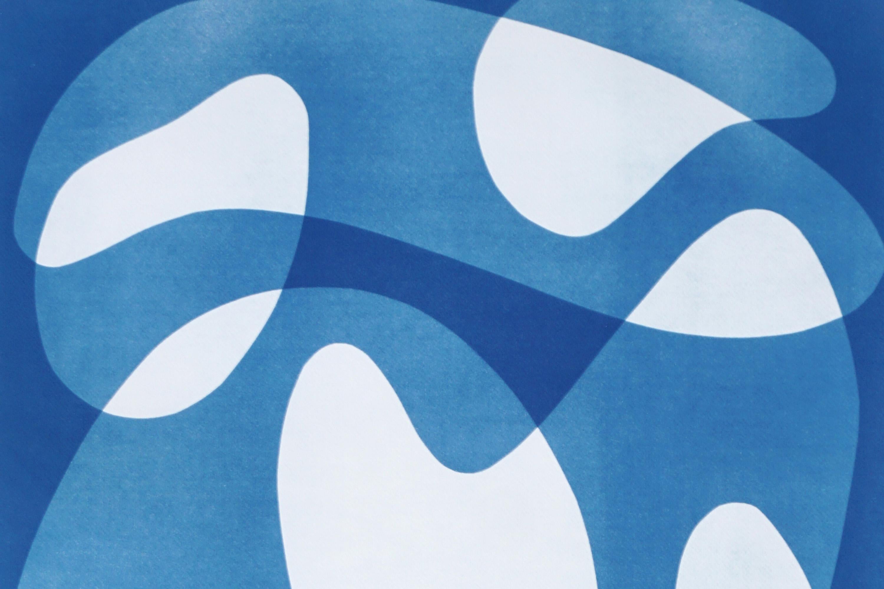 Mid-Century Shapes IV, White and Blue Abstract Floating Shapes, Unique Cyanotype - Bauhaus Print by Kind of Cyan