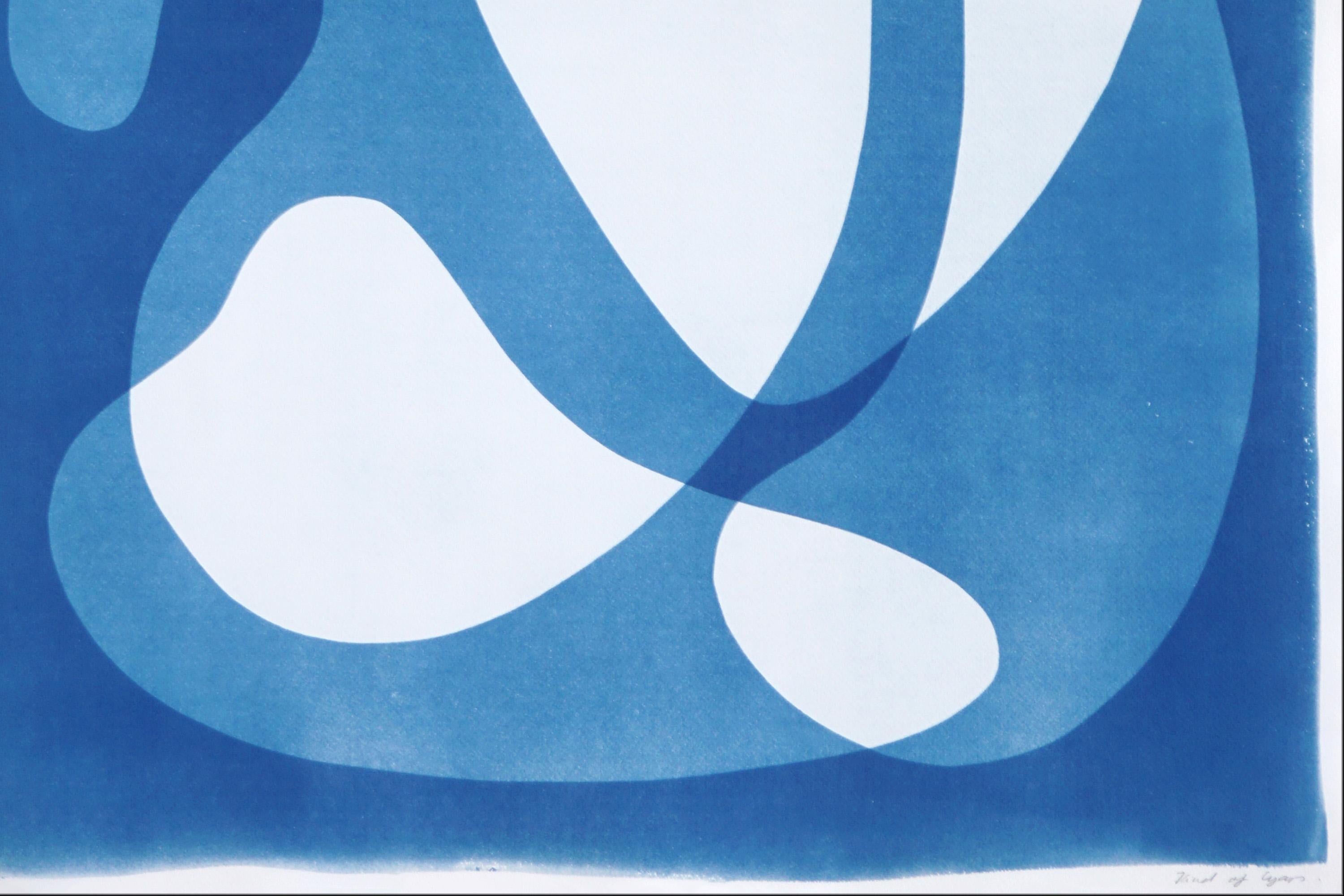 Mid-Century Shapes IV, White and Blue Abstract Floating Shapes, Unique Cyanotype For Sale 2