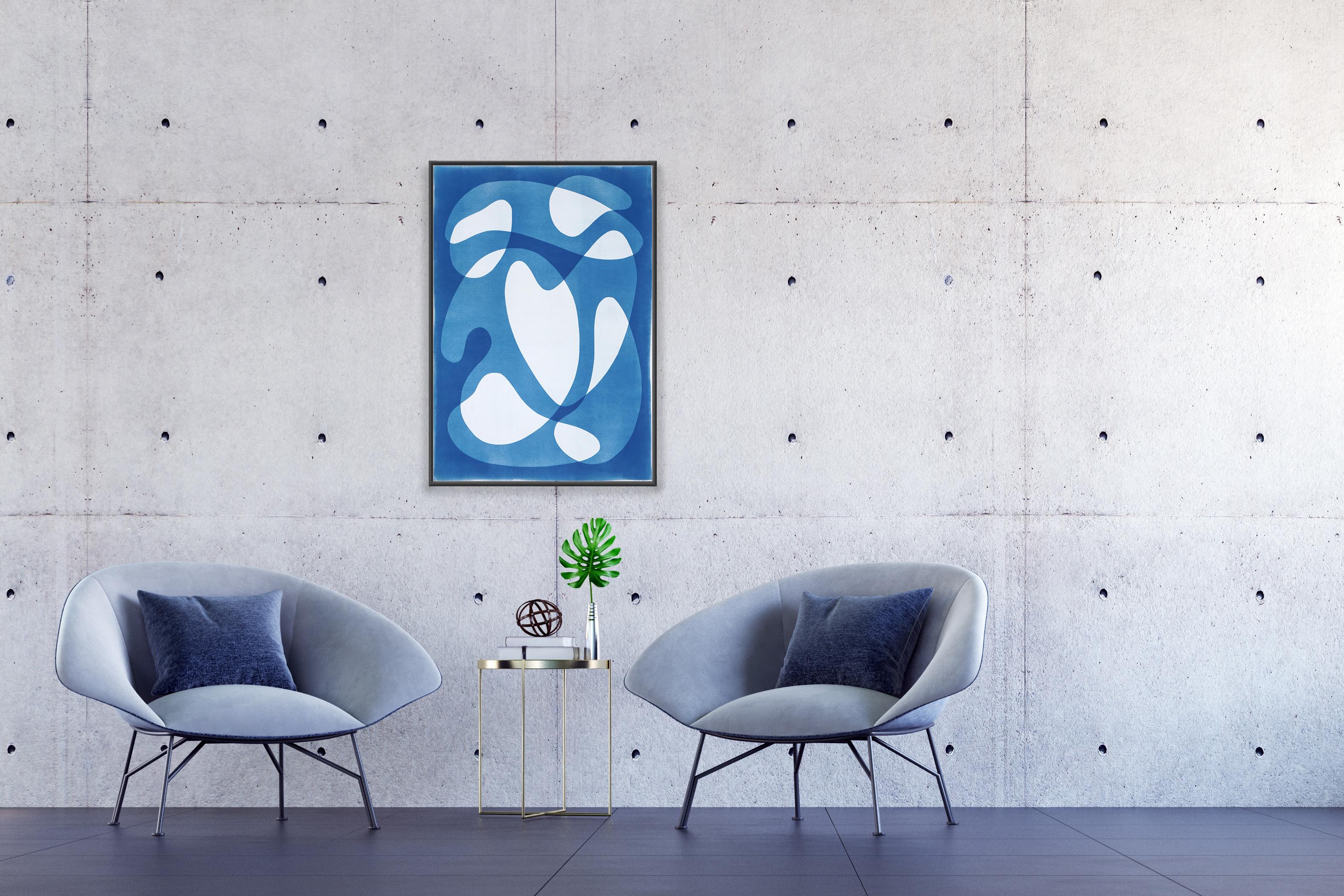 Mid-Century Shapes IV, White and Blue Abstract Floating Shapes, Unique Cyanotype For Sale 3
