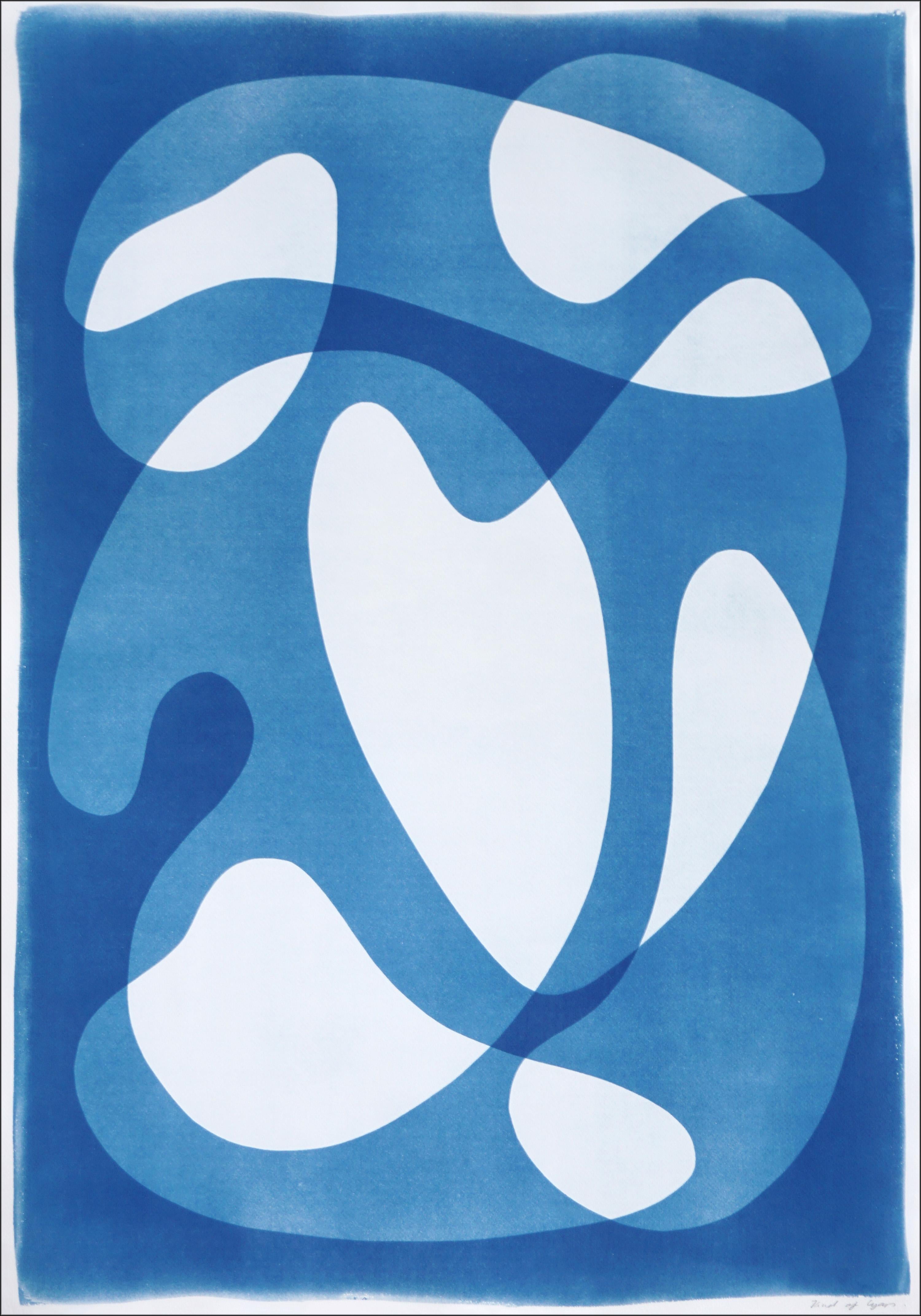 Kind of Cyan Abstract Print - Mid-Century Shapes IV, White and Blue Abstract Floating Shapes, Unique Cyanotype