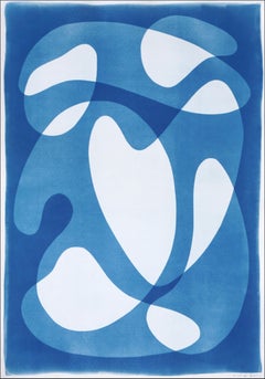 Mid-Century Shapes IV, White and Blue Abstract Floating Shapes, Unique Cyanotype