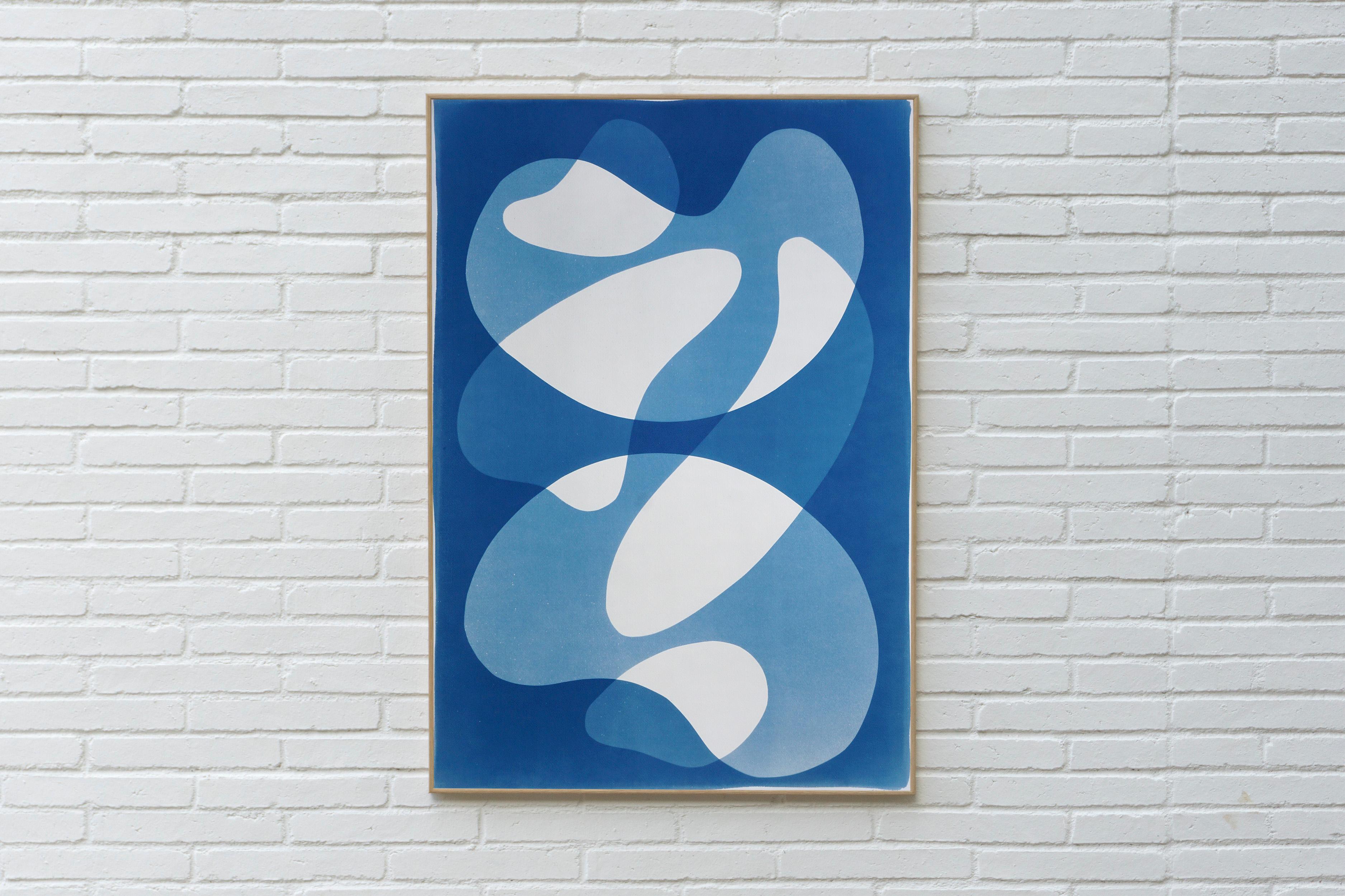Mid-Century Shapes, White and Blue Abstract Shapes, Handmade Cyanotype Monotype - Print by Kind of Cyan