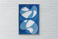 Formas de mediados de siglo, formas abstractas blancas y azules, monotipo cianotipo hecho a mano