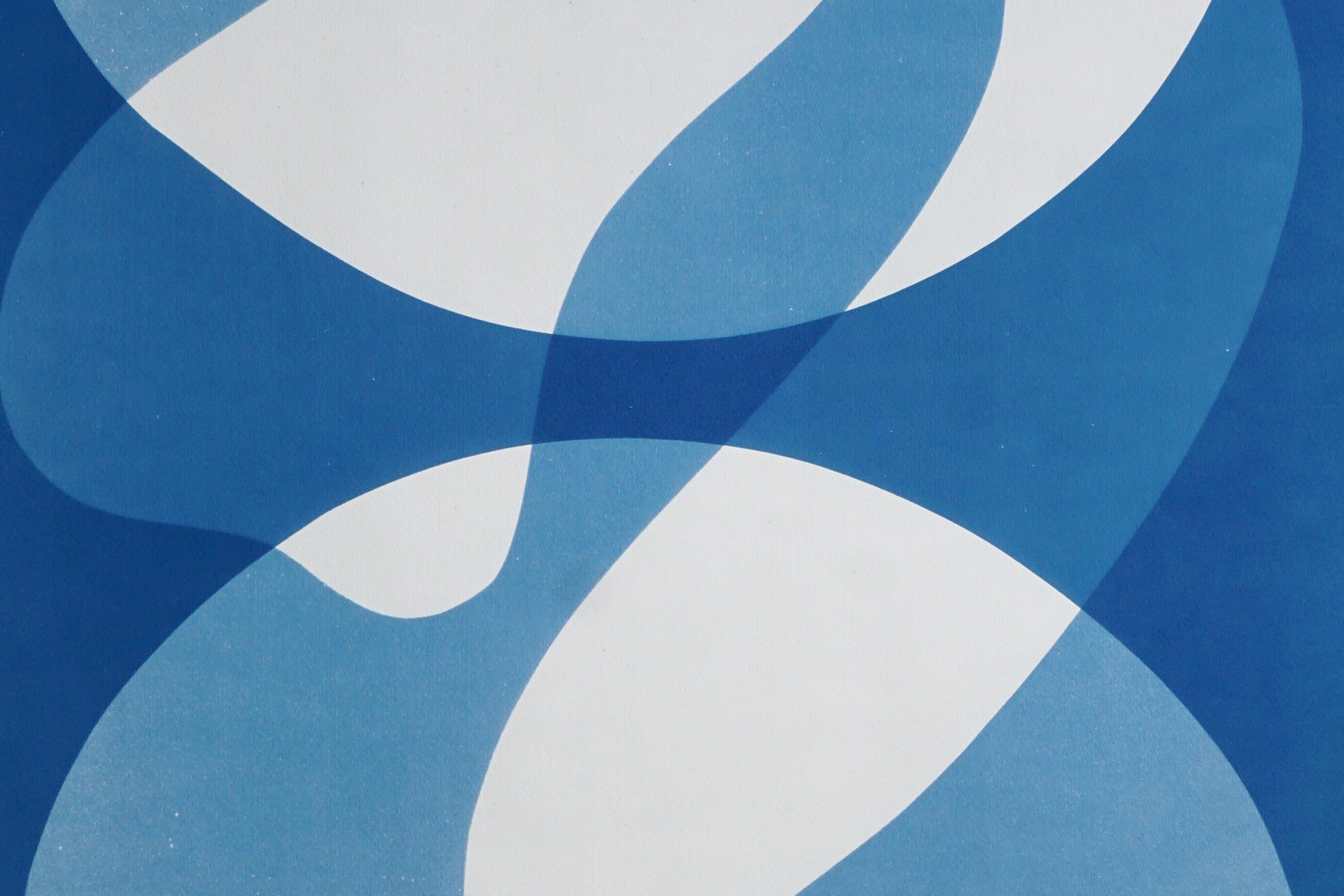 Mid-Century Shapes, White and Blue Abstract Shapes, Handmade Cyanotype Monotype - Post-Modern Print by Kind of Cyan