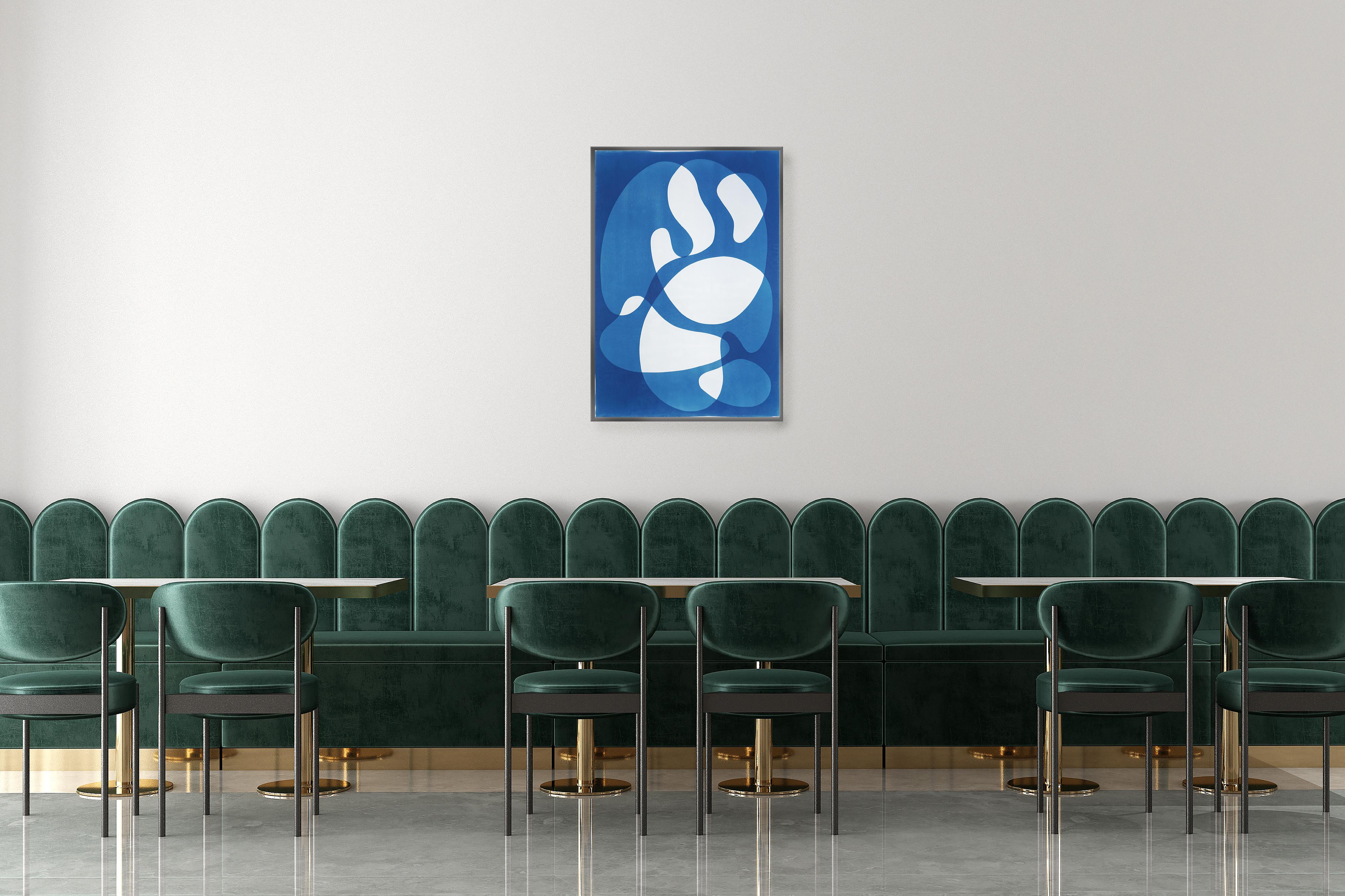 Mid-Century Shapes, White and Blue Abstract Shapes, Handmade Cyanotype Monotype For Sale 1