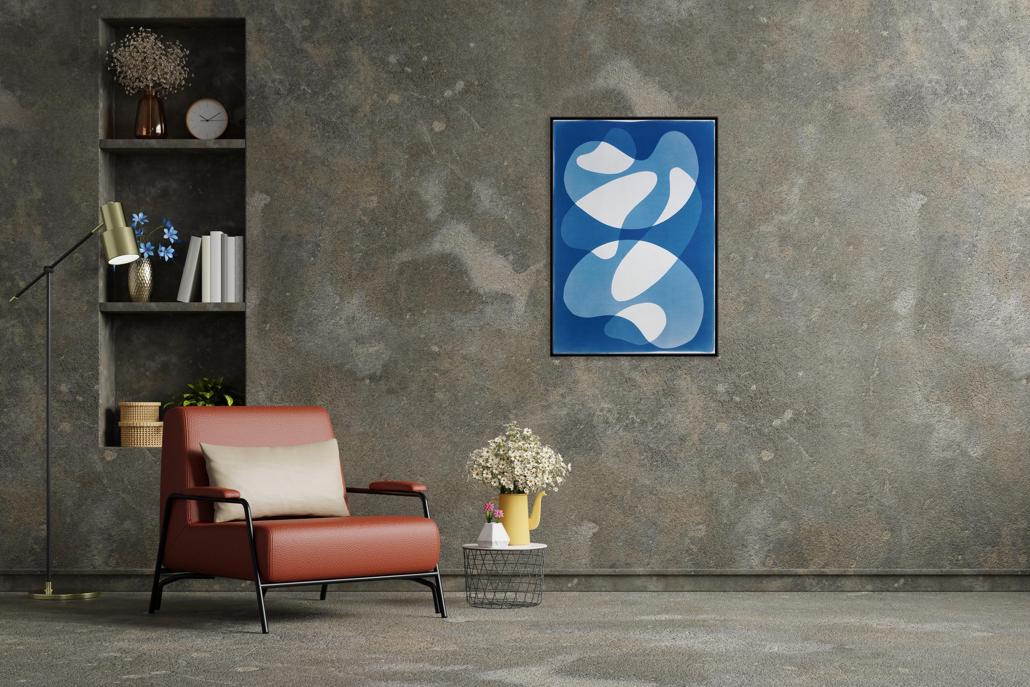 Mid-Century Shapes, White and Blue Abstract Shapes, Handmade Cyanotype Monotype For Sale 1