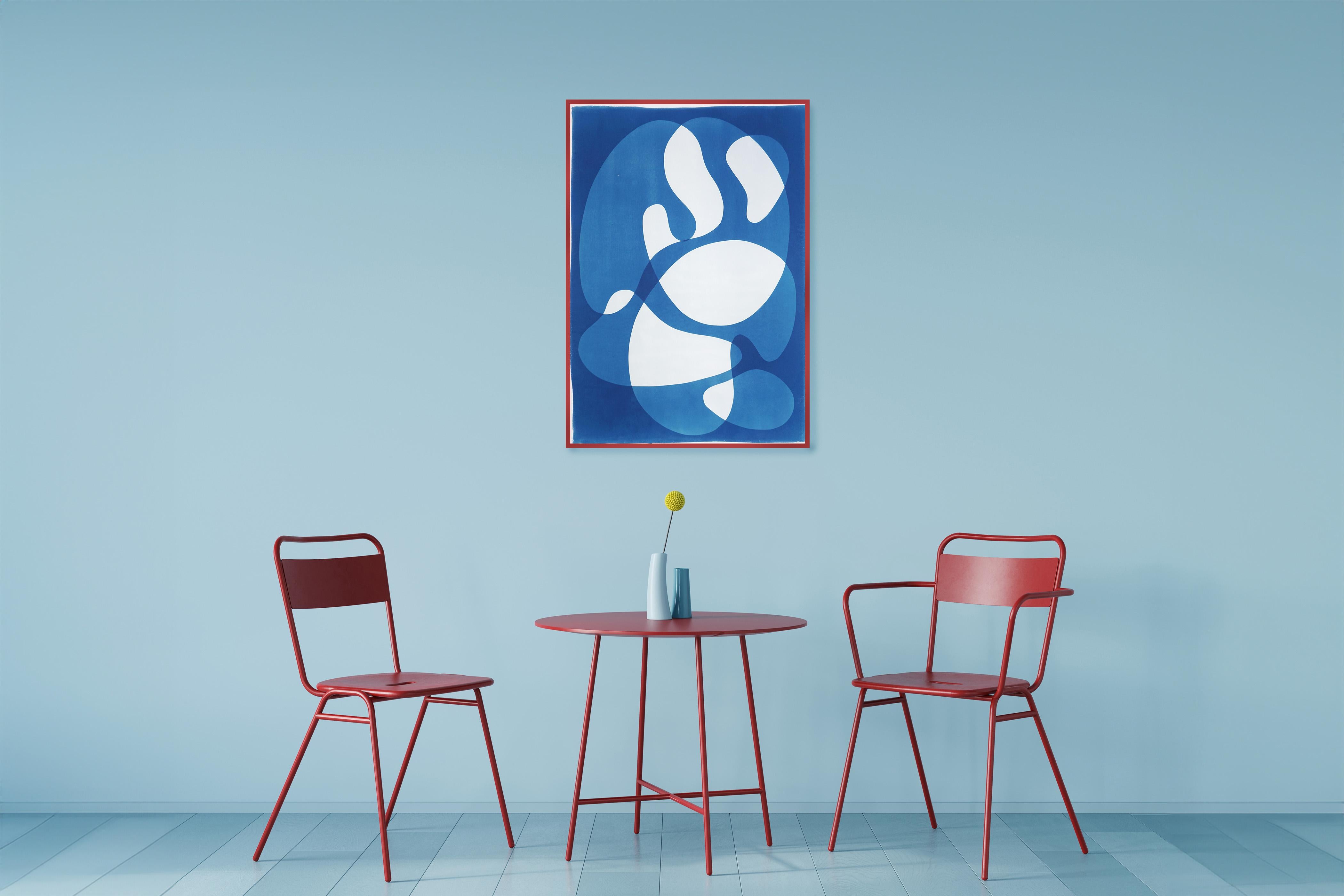 Mid-Century Shapes, White and Blue Abstract Shapes, Handmade Cyanotype Monotype For Sale 2