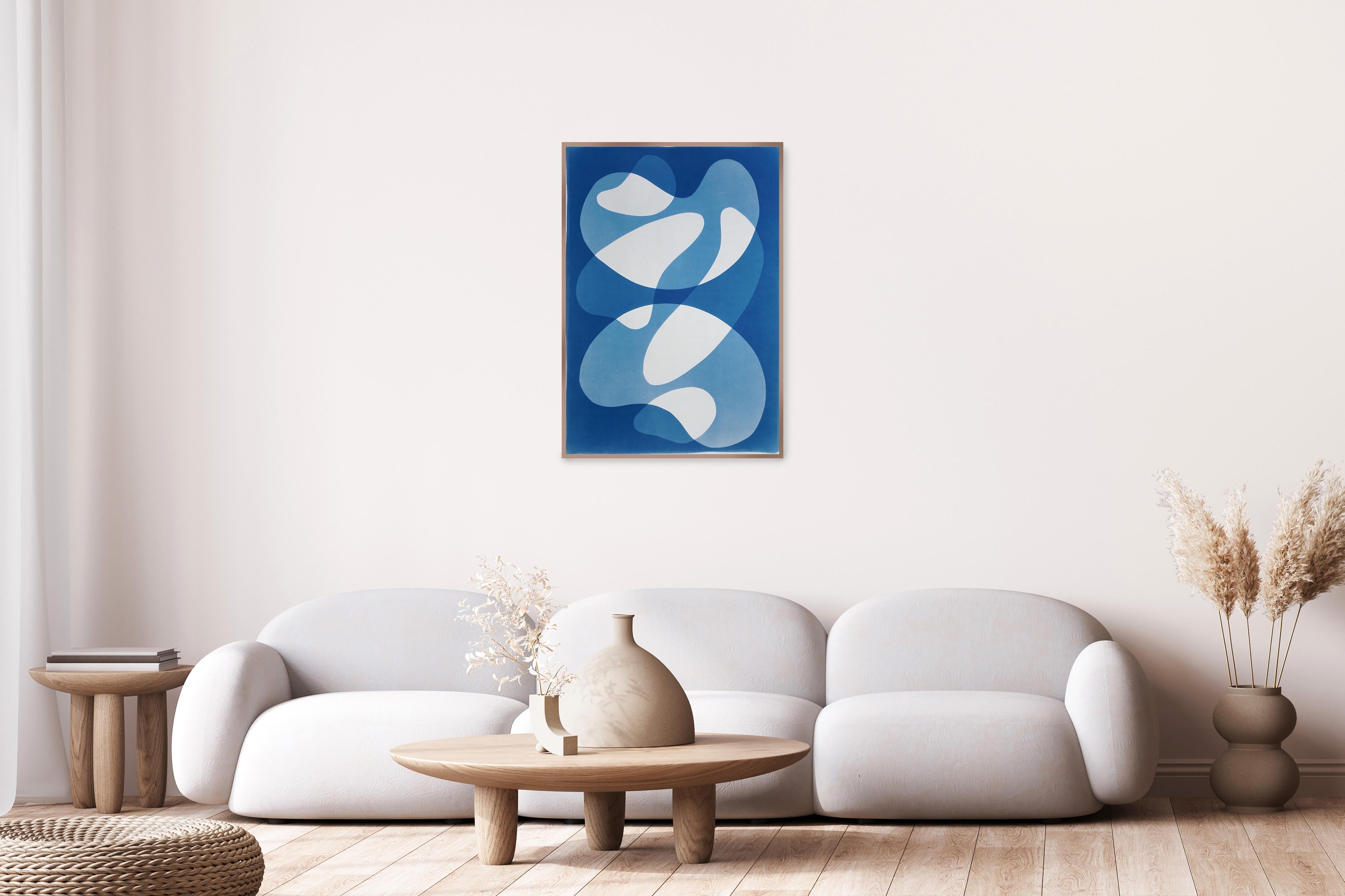Mid-Century Shapes, White and Blue Abstract Shapes, Handmade Cyanotype Monotype For Sale 2