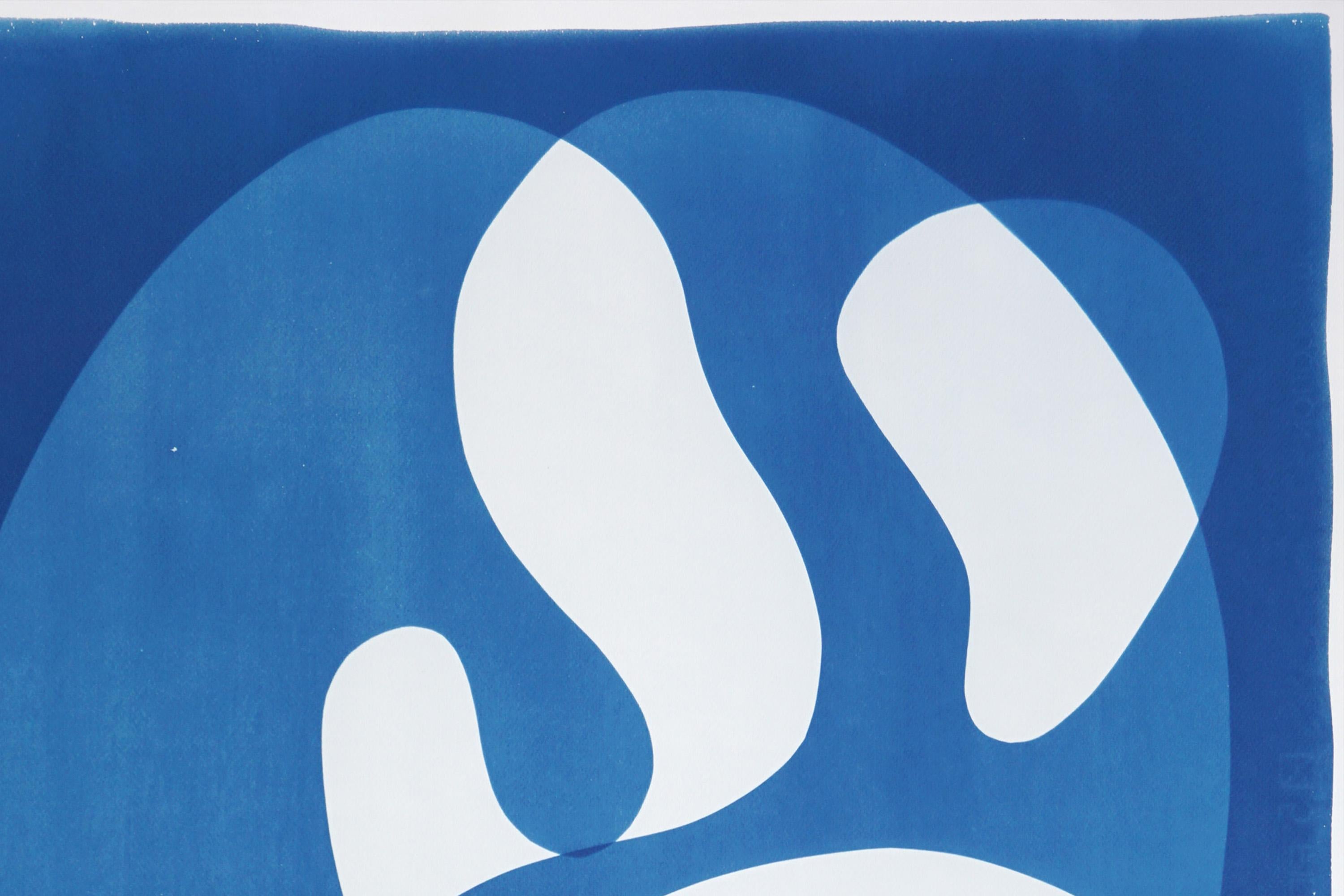 Mid-Century Shapes, White and Blue Abstract Shapes, Handmade Cyanotype Monotype For Sale 3