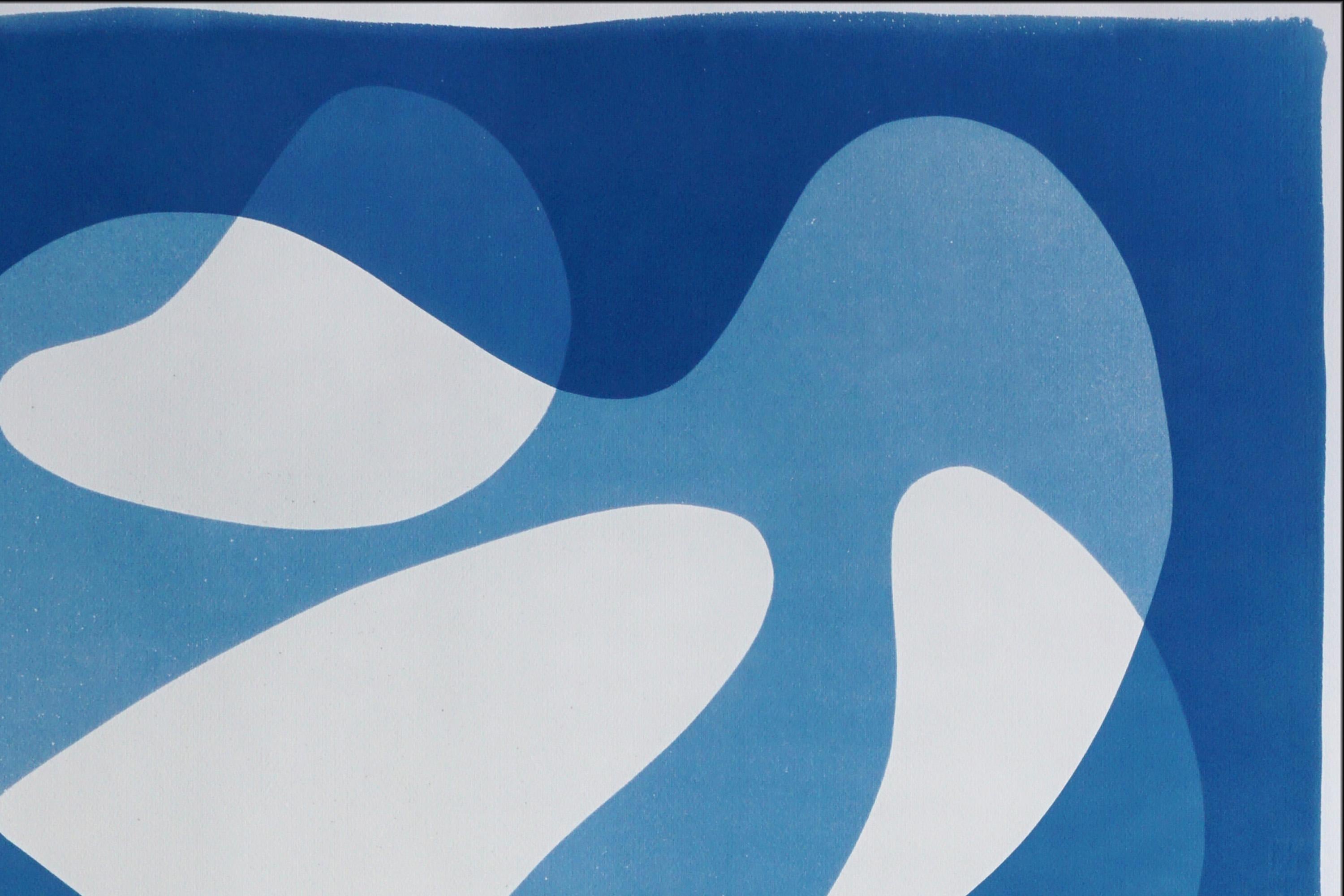 Mid-Century Shapes, White and Blue Abstract Shapes, Handmade Cyanotype Monotype For Sale 3