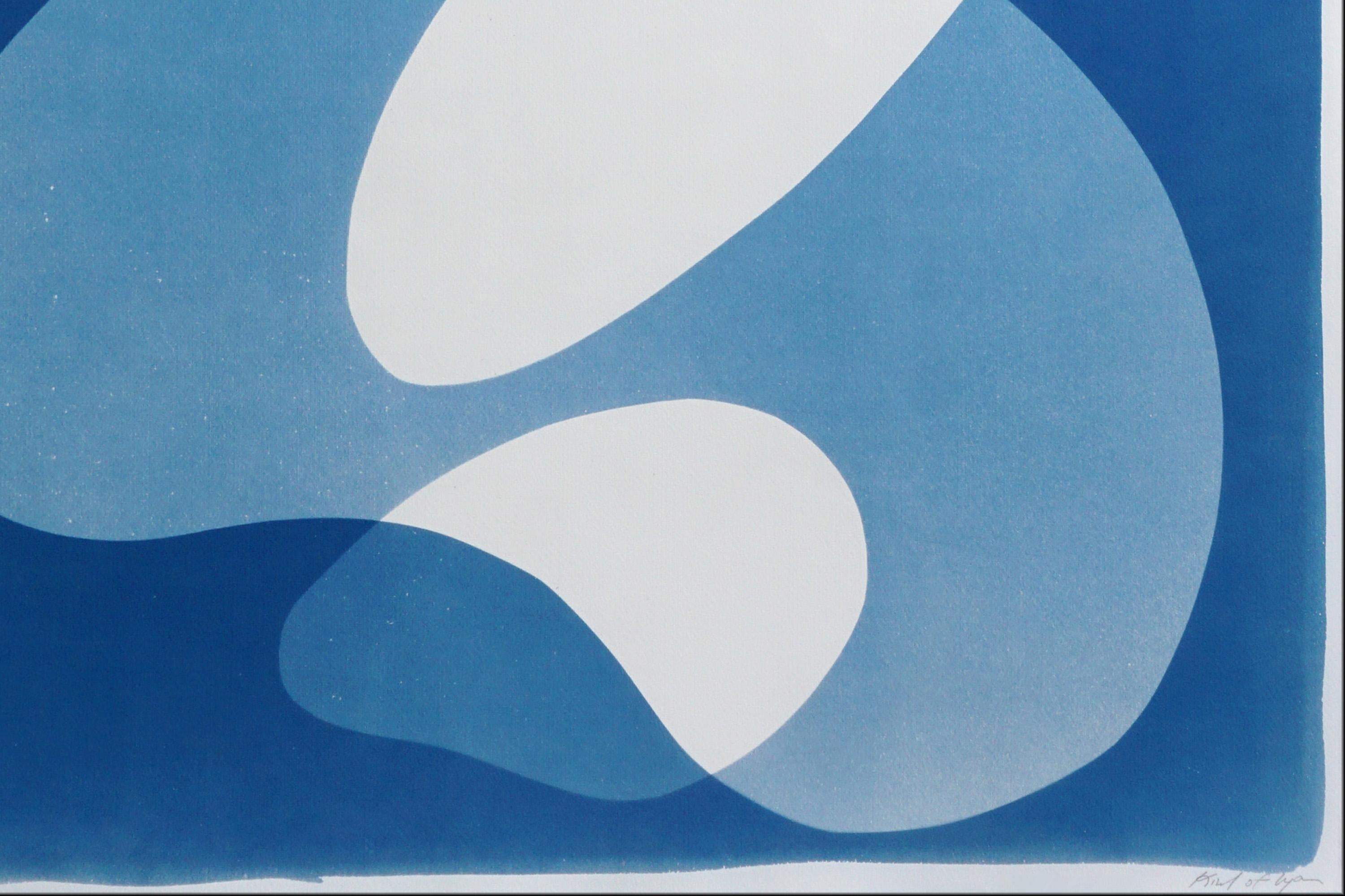 Mid-Century Shapes, White and Blue Abstract Shapes, Handmade Cyanotype Monotype For Sale 4