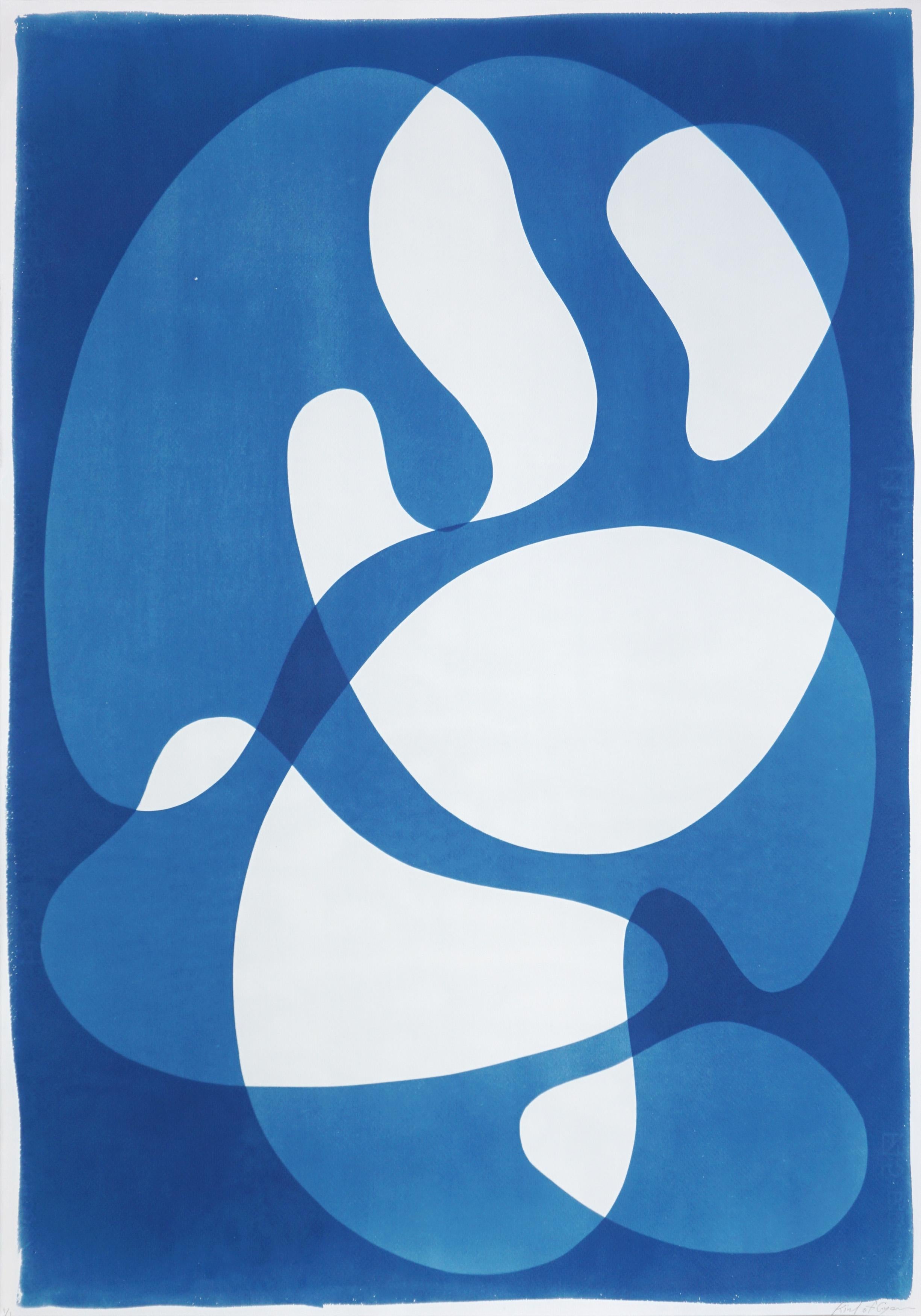 Mid-Century Shapes, White and Blue Abstract Shapes, Handmade Cyanotype Monotype For Sale 5