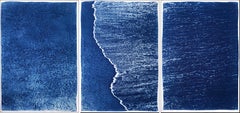 Minimal Triptych of Calm Costa Rica Shore, Handmade Cyanotype on Paper, Blue