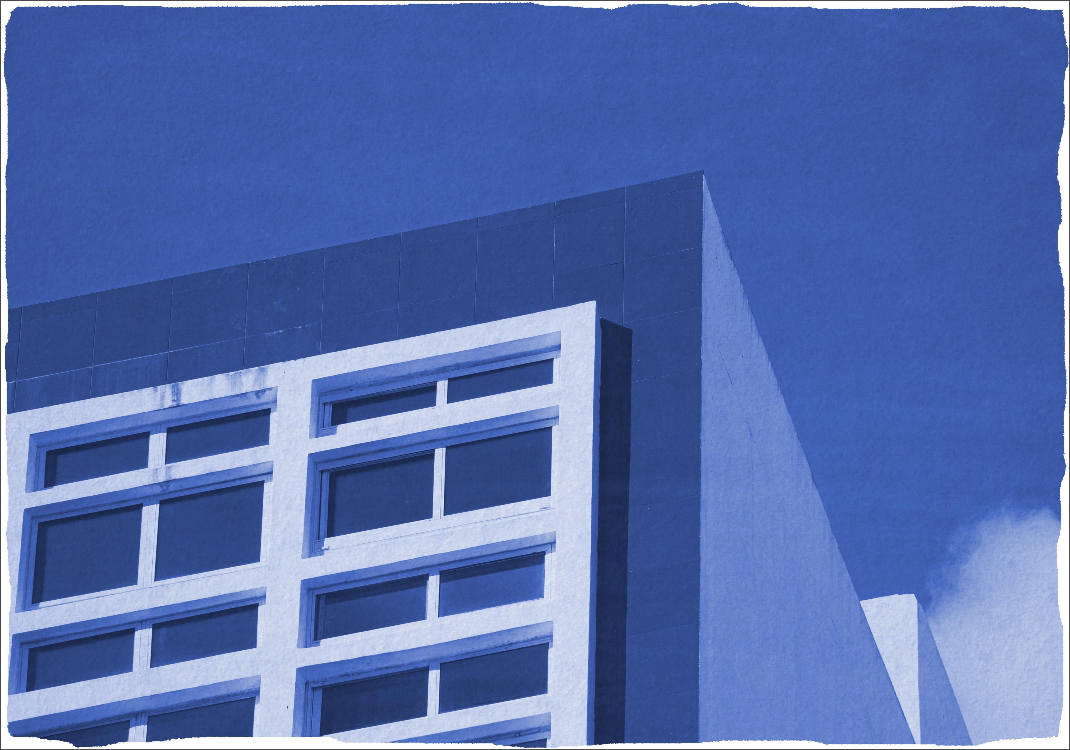 Kind of Cyan Landscape Print - Minimalist Geometrical Building, Modern Architecture Blueprint, Watercolor Paper