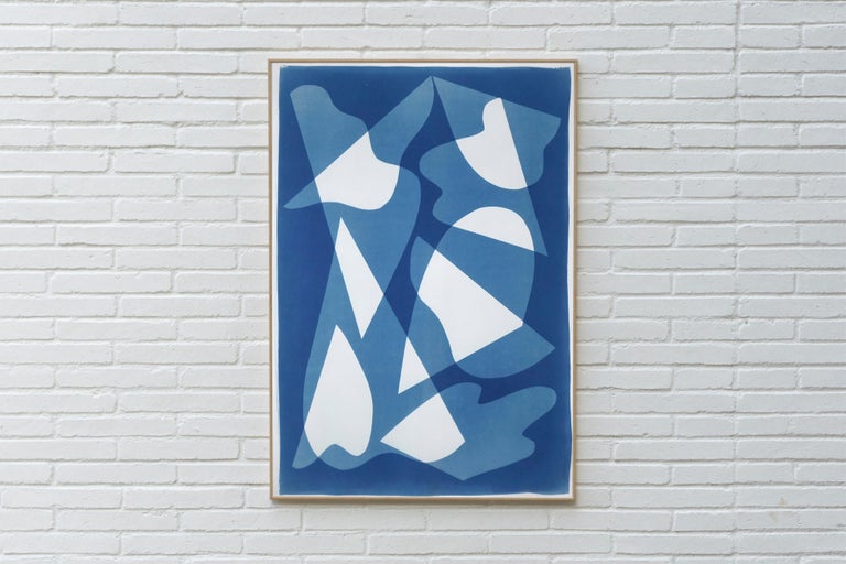 Mirrors Under Water, Handmade Unique Monotype Cyanotype on Blue Tones, Paper - Abstract Geometric Print by Kind of Cyan