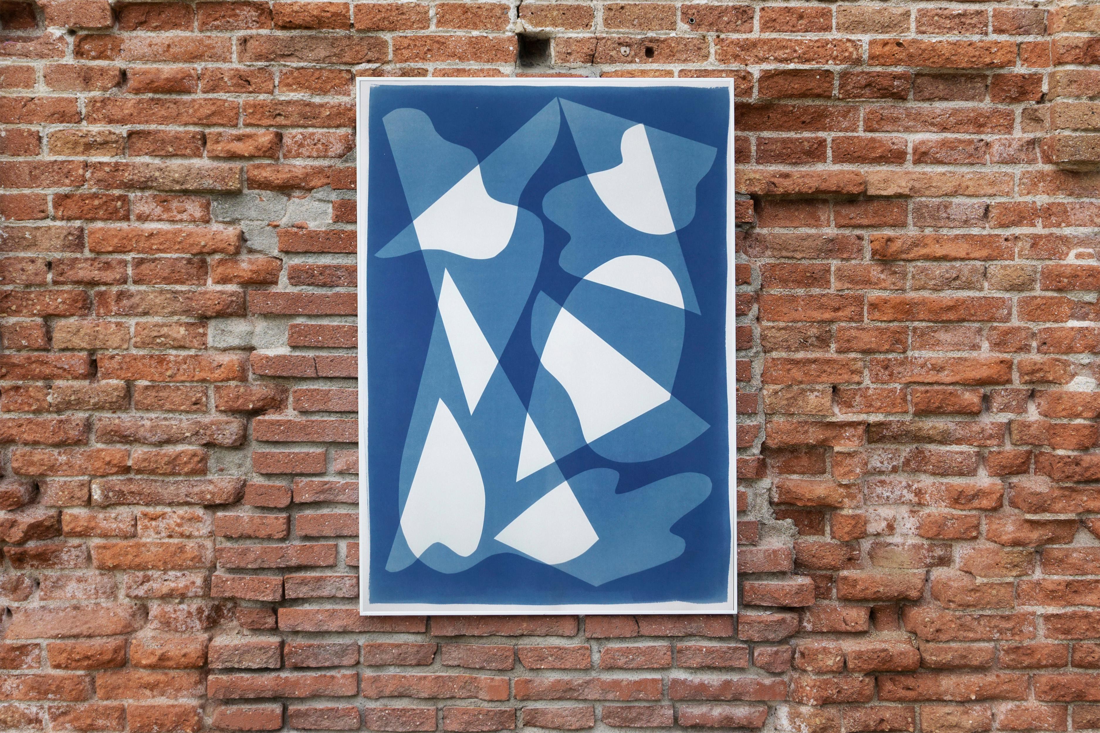Mirrors Under Water, Handmade Unique Monotype Cyanotype on Blue Tones, Paper - Modern Print by Kind of Cyan