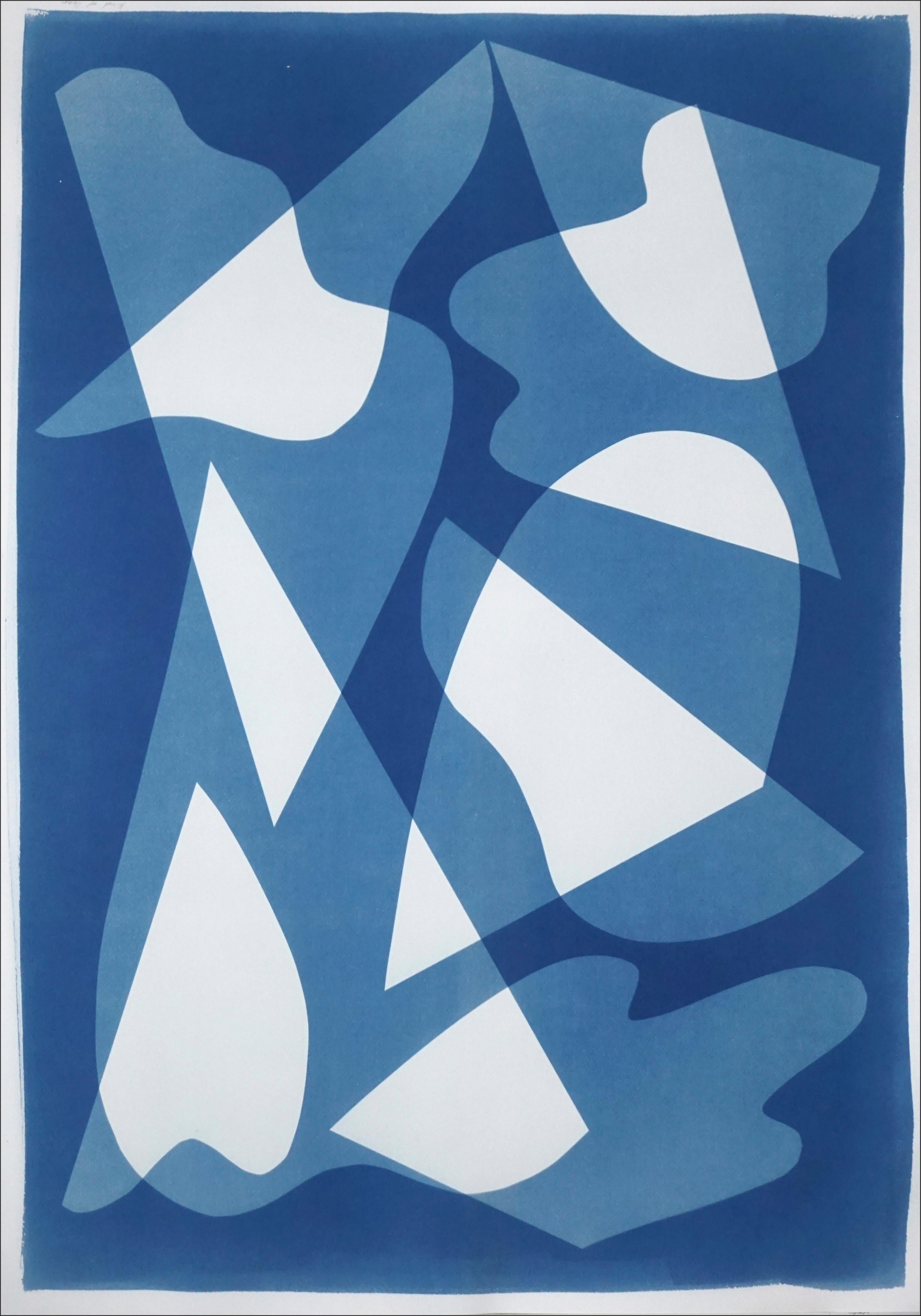 Miroirs sous l'eau, Monotype unique de cyanotype fait à la main sur papier aux tons bleus