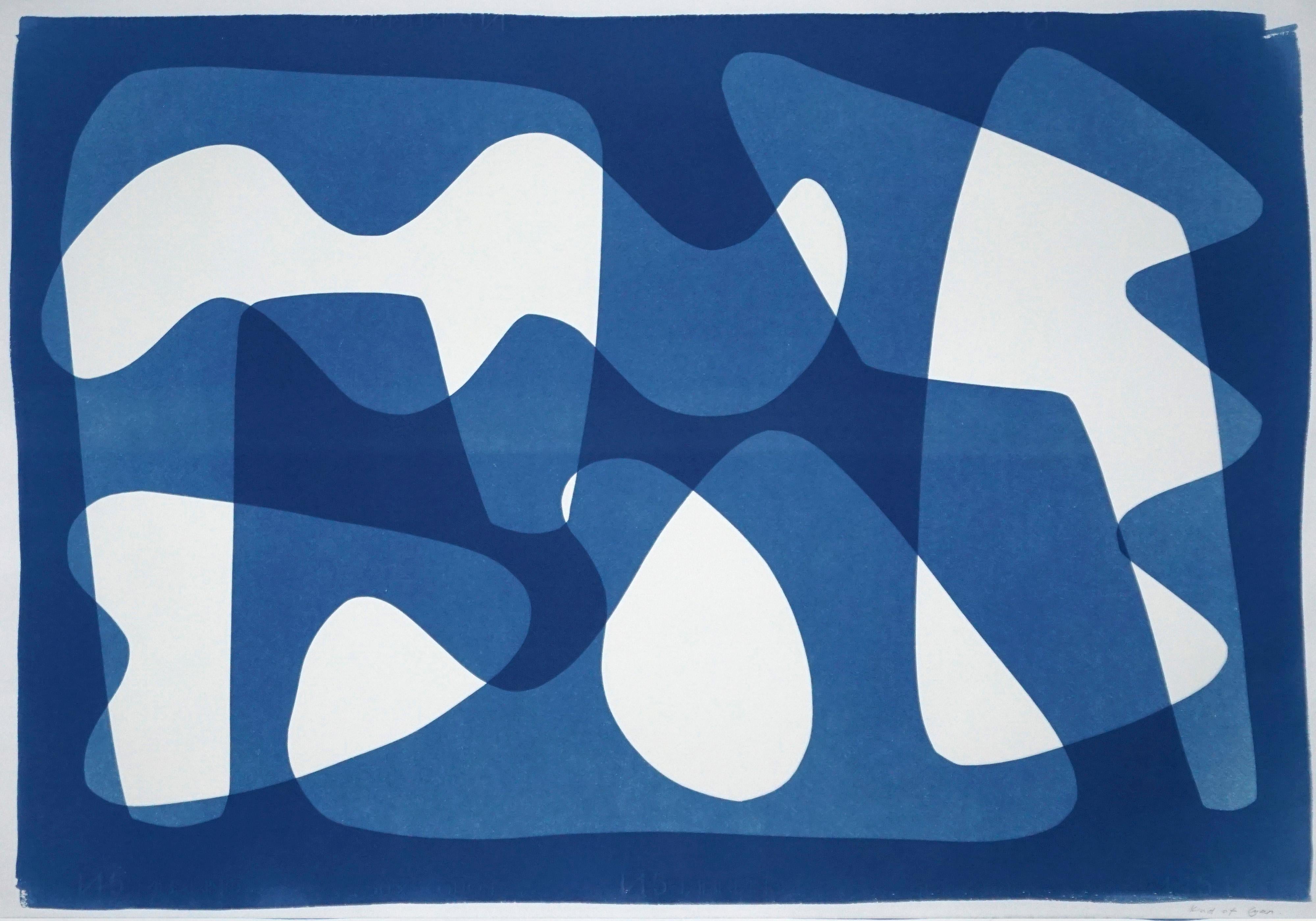 Kind of Cyan Abstract Print - Modern Mid-Century Cutout Shapes in Blue Tones, Original Cyanotype, Abstract 