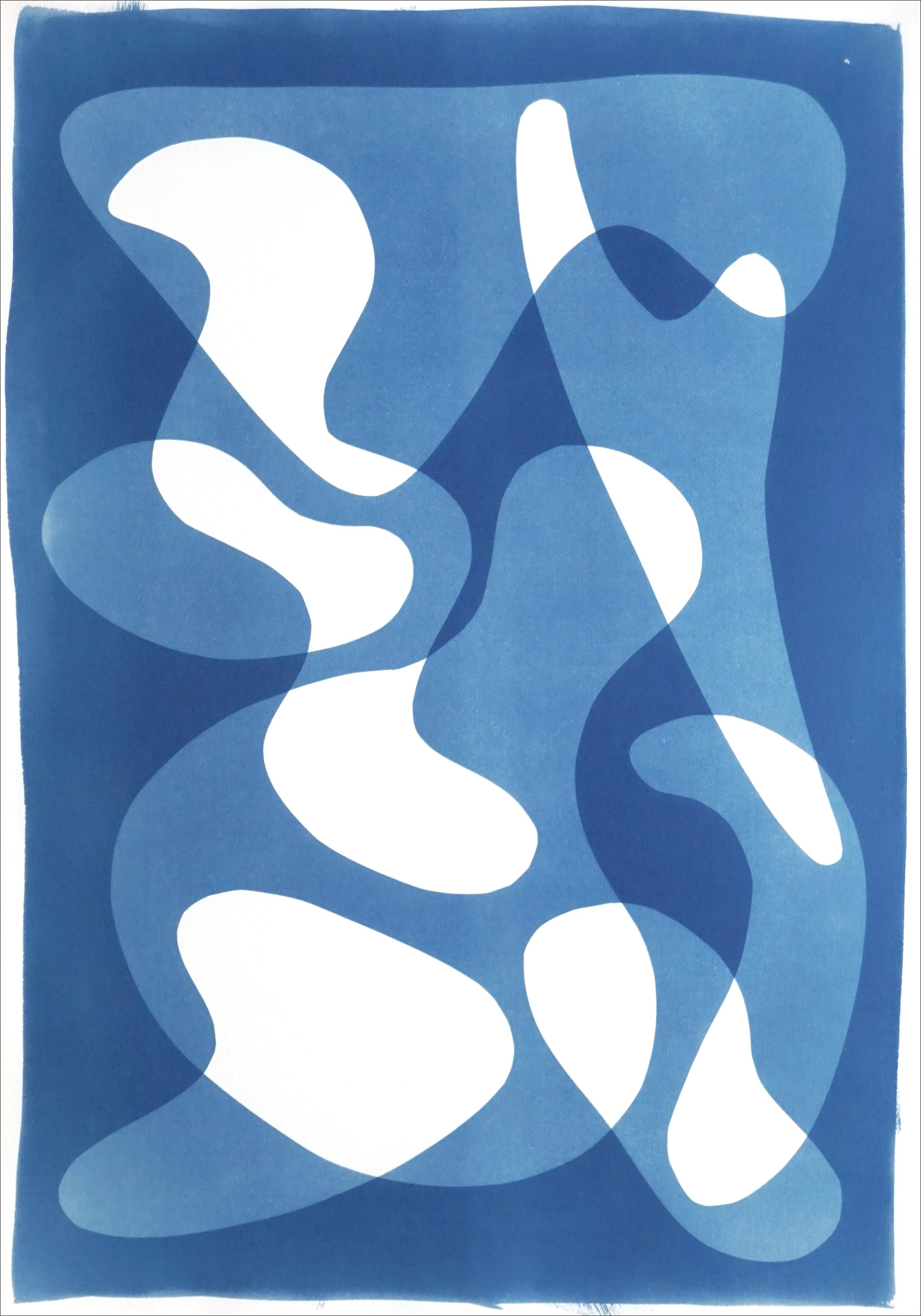Kind of Cyan Abstract Print - Modern Musical Shapes, Memphis Style Unique Monotype Cyanotype in Blue Tones