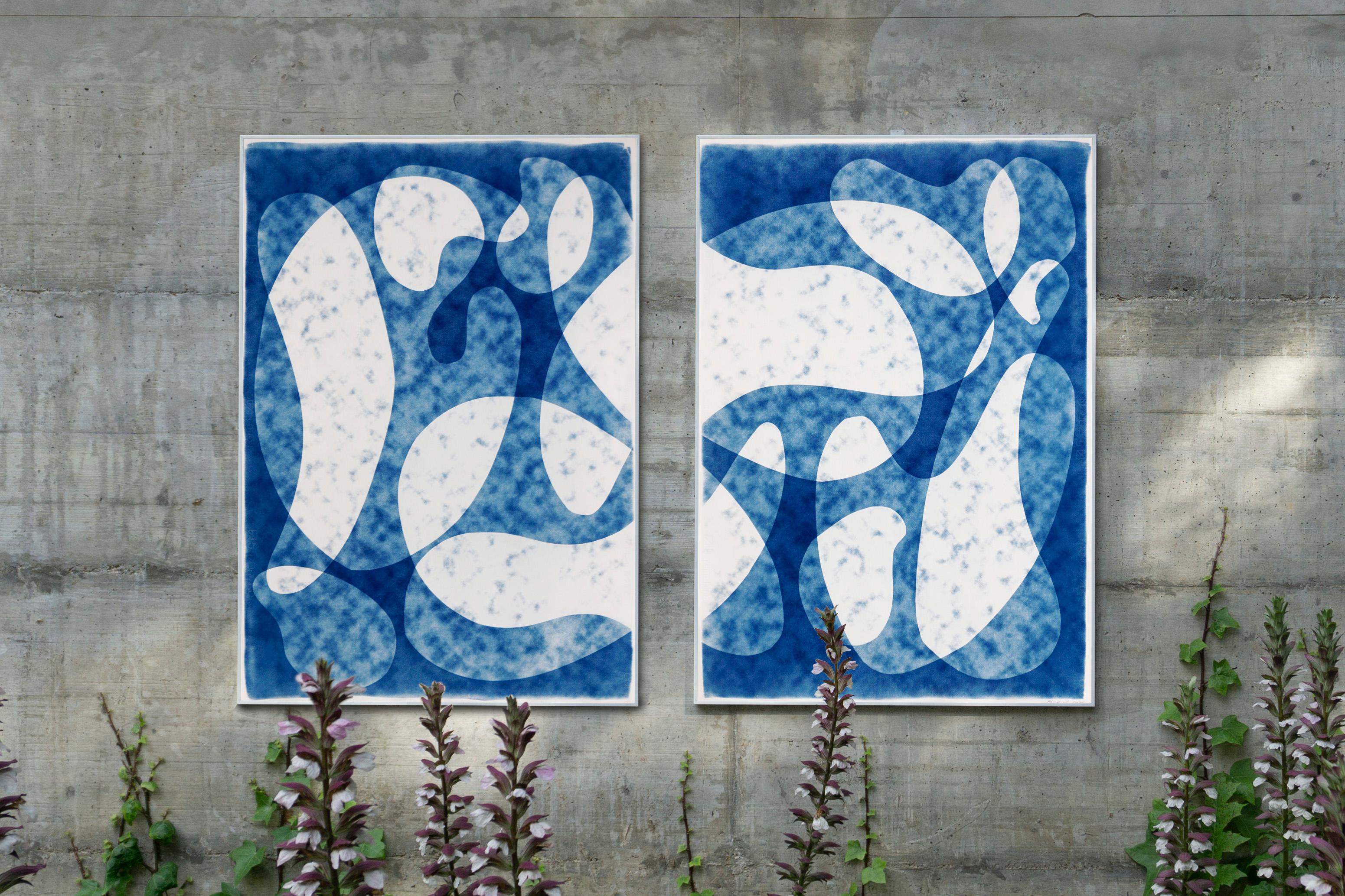 Modernism in The Clouds, Abstract Mid-Century Shapes, Blue & White Large Diptych - Print by Kind of Cyan