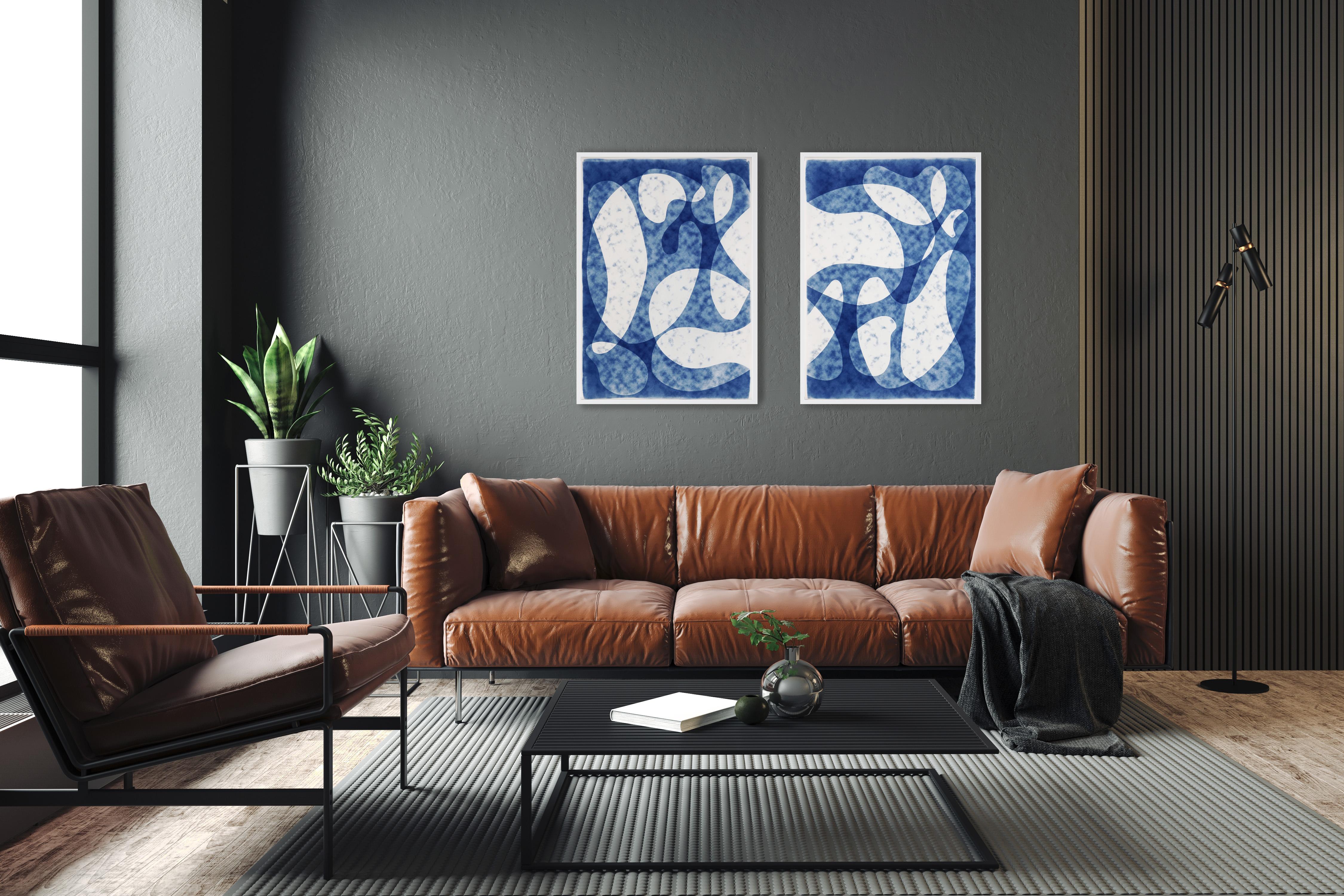 Modernism in The Clouds, Abstract Mid-Century Shapes, Blue & White Large Diptych 2