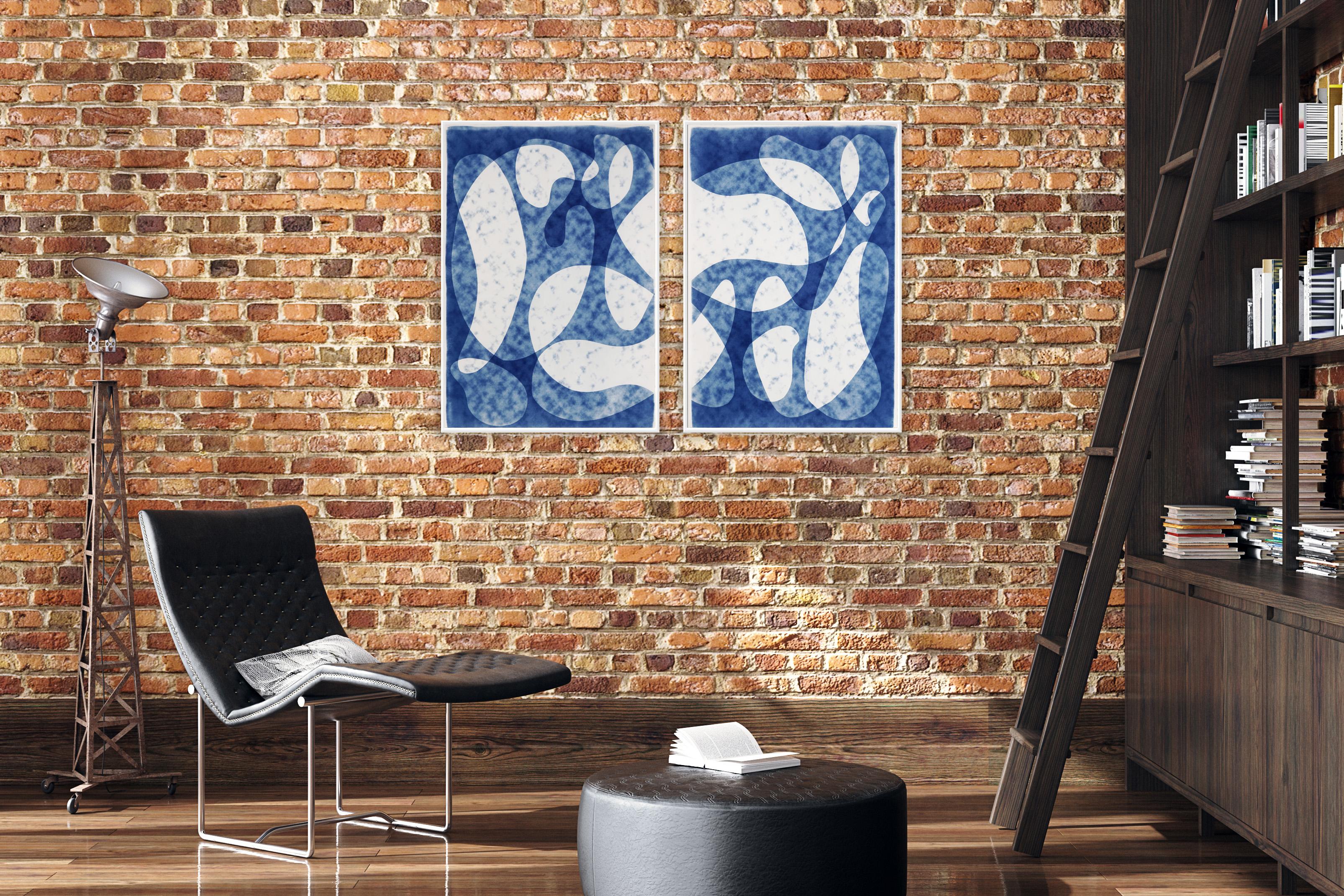 Modernism in The Clouds, Abstract Mid-Century Shapes, Blue & White Large Diptych 4