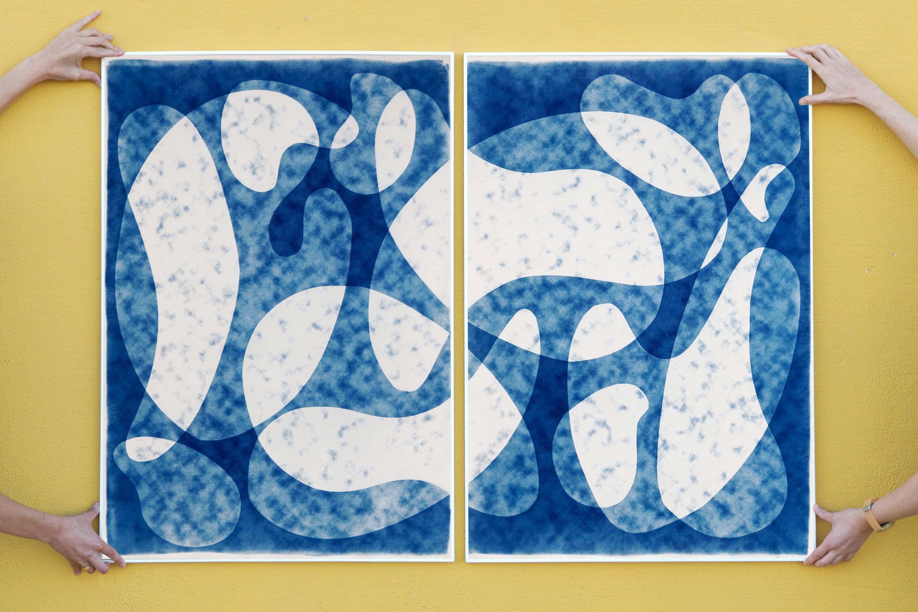 Modernism in The Clouds, Abstract Mid-Century Shapes, Blue & White Large Diptych 5
