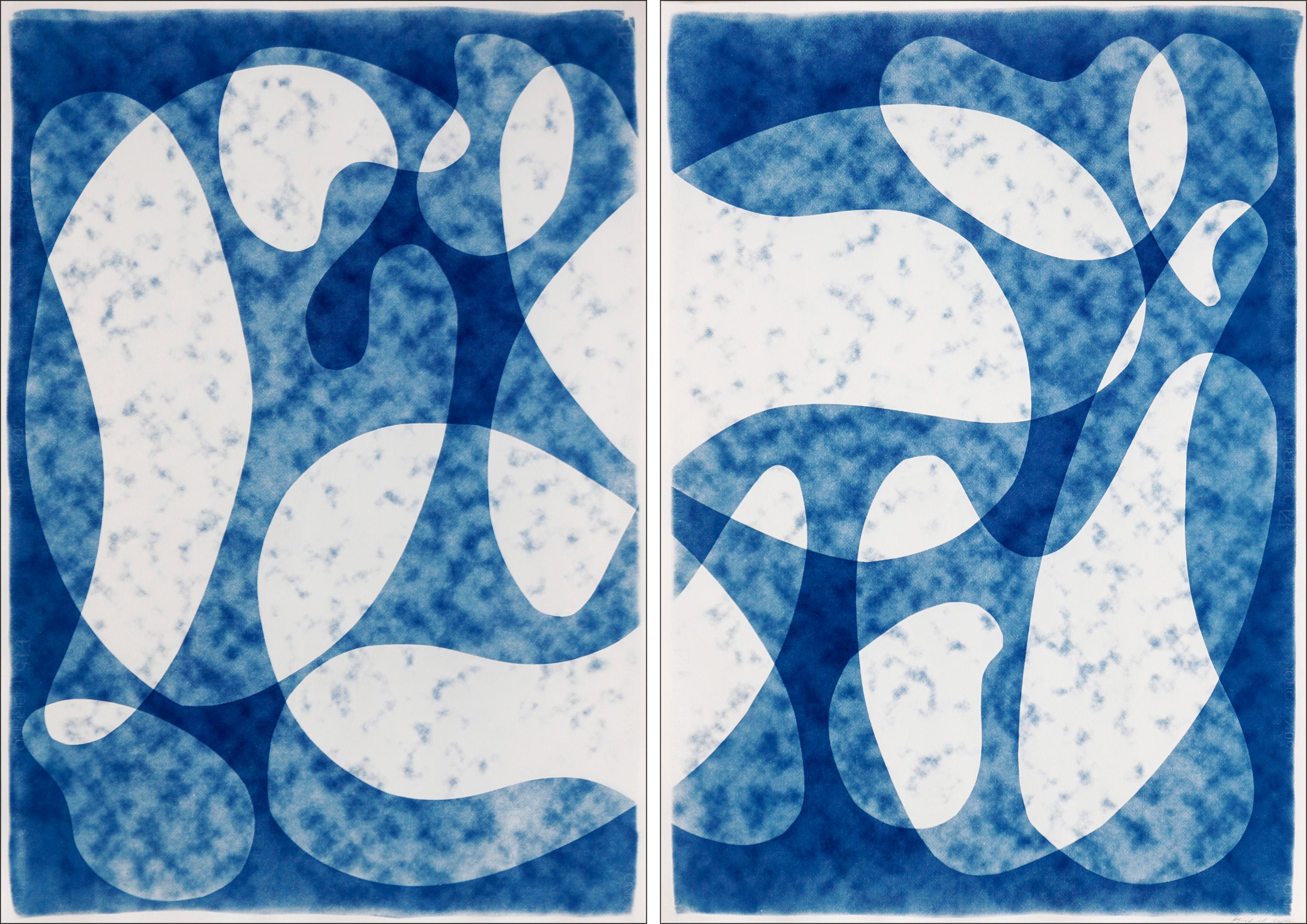 Kind of Cyan Abstract Print - Modernism in The Clouds, Abstract Mid-Century Shapes, Blue & White Large Diptych
