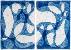 Modernism in The Clouds, Abstract Mid-Century Shapes, Blue & White Large Diptych