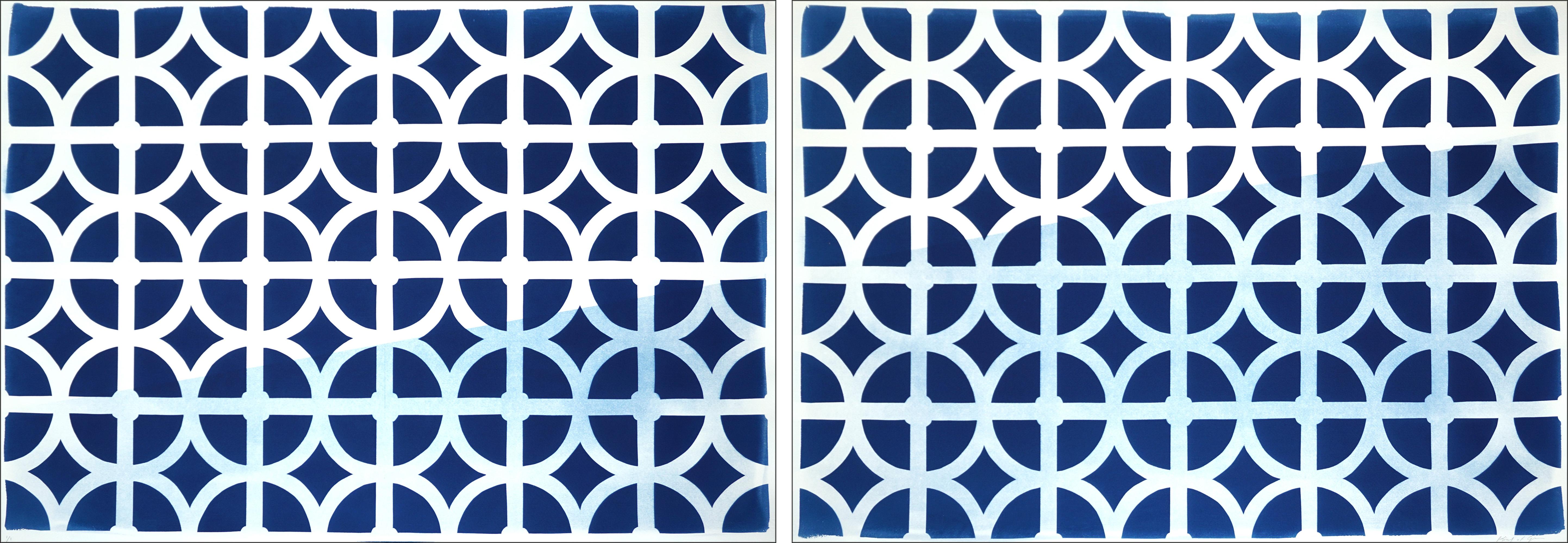 Abstract Print Kind of Cyan - Blocs de ventilation modernistes, motifs géométriques, architecture aux tons bleus – cyanotype