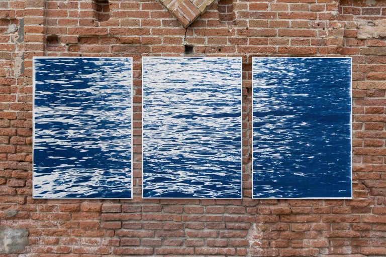 Moonlight Ripples over Lake Como, Nautical Cyanotype Triptych of Moving Water For Sale 6