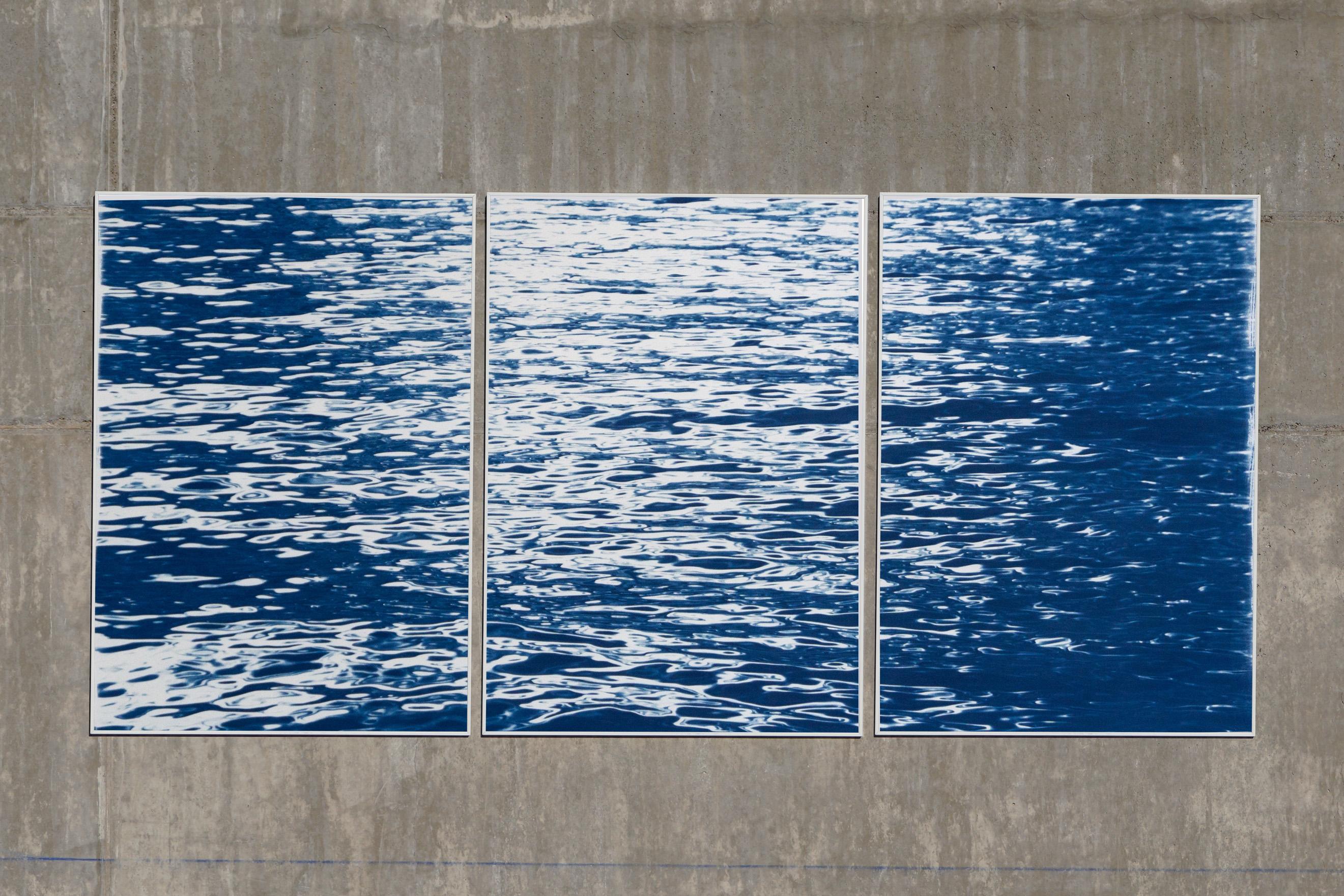 Moonlight Ripples over Lake Como, Nautical Cyanotype Triptych of Moving Water 9